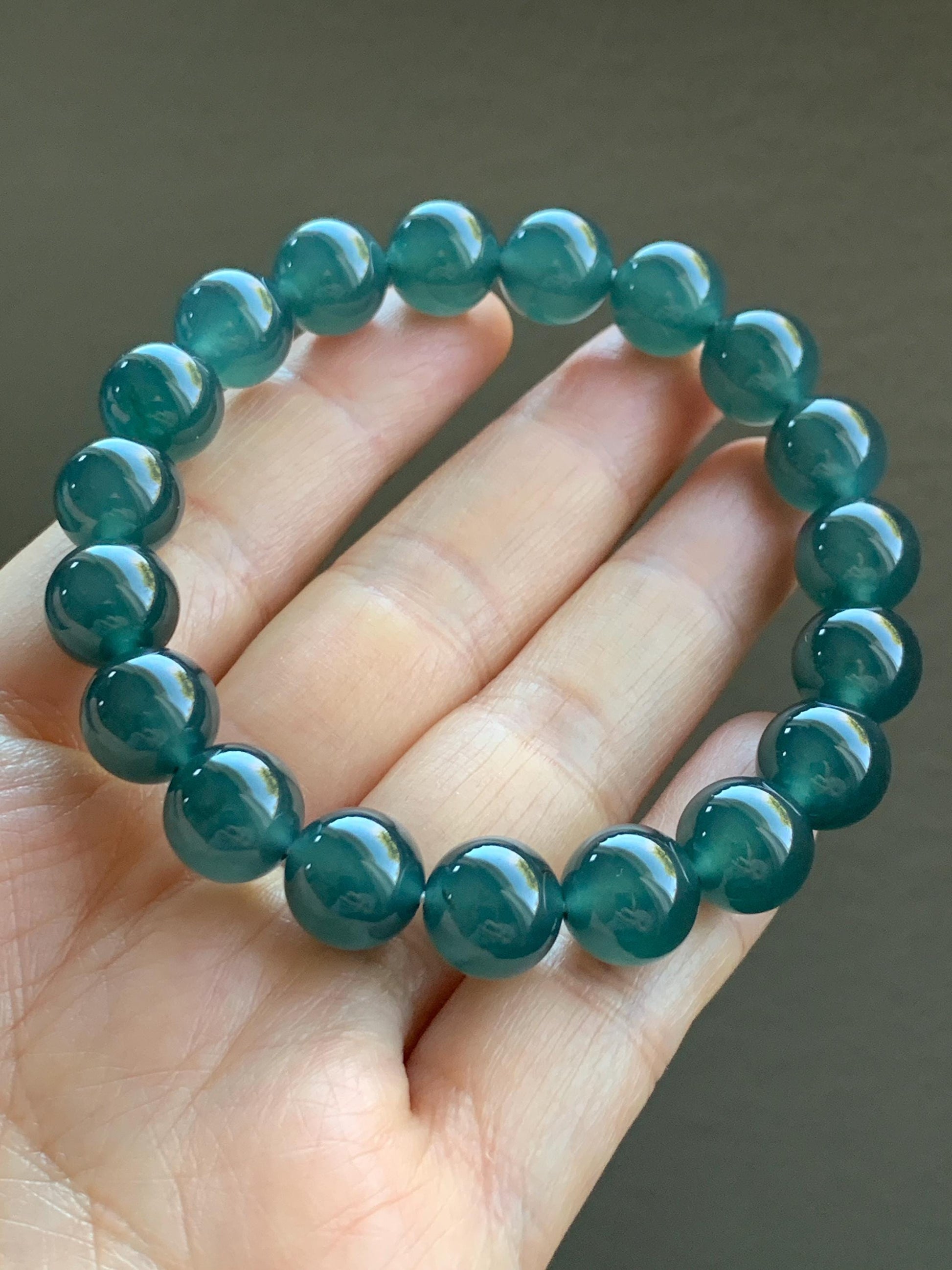 Certified Natural Grade A Guatemalan Premium Icy Translucent Dark Teal Blue Jadeite Beaded Bracelet 10.5mm 7.25” 37.7g 天然老种冰危深蓝翡翠大卡手串 7854