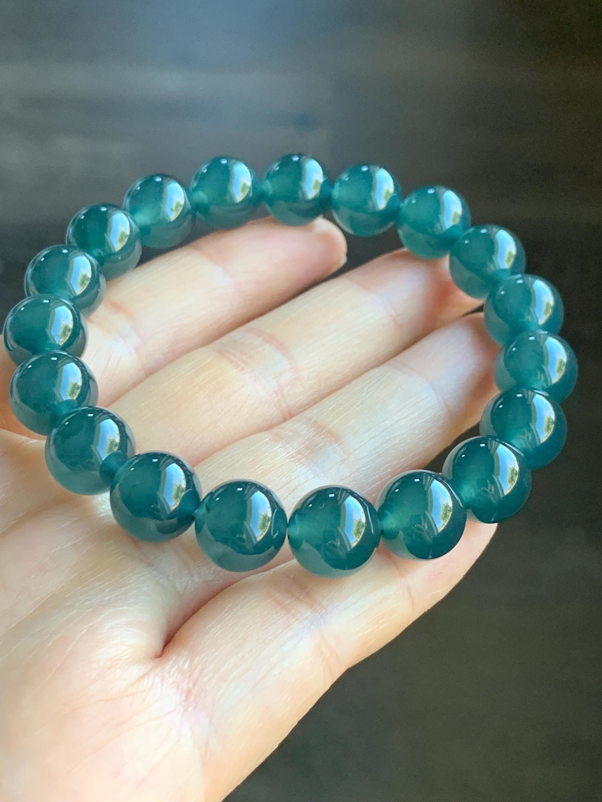 Certified Natural Grade A Guatemalan Premium Icy Translucent Dark Teal Blue Jadeite Beaded Bracelet 10.5mm 7.25” 37.7g 天然老种冰危深蓝翡翠大卡手串 7854