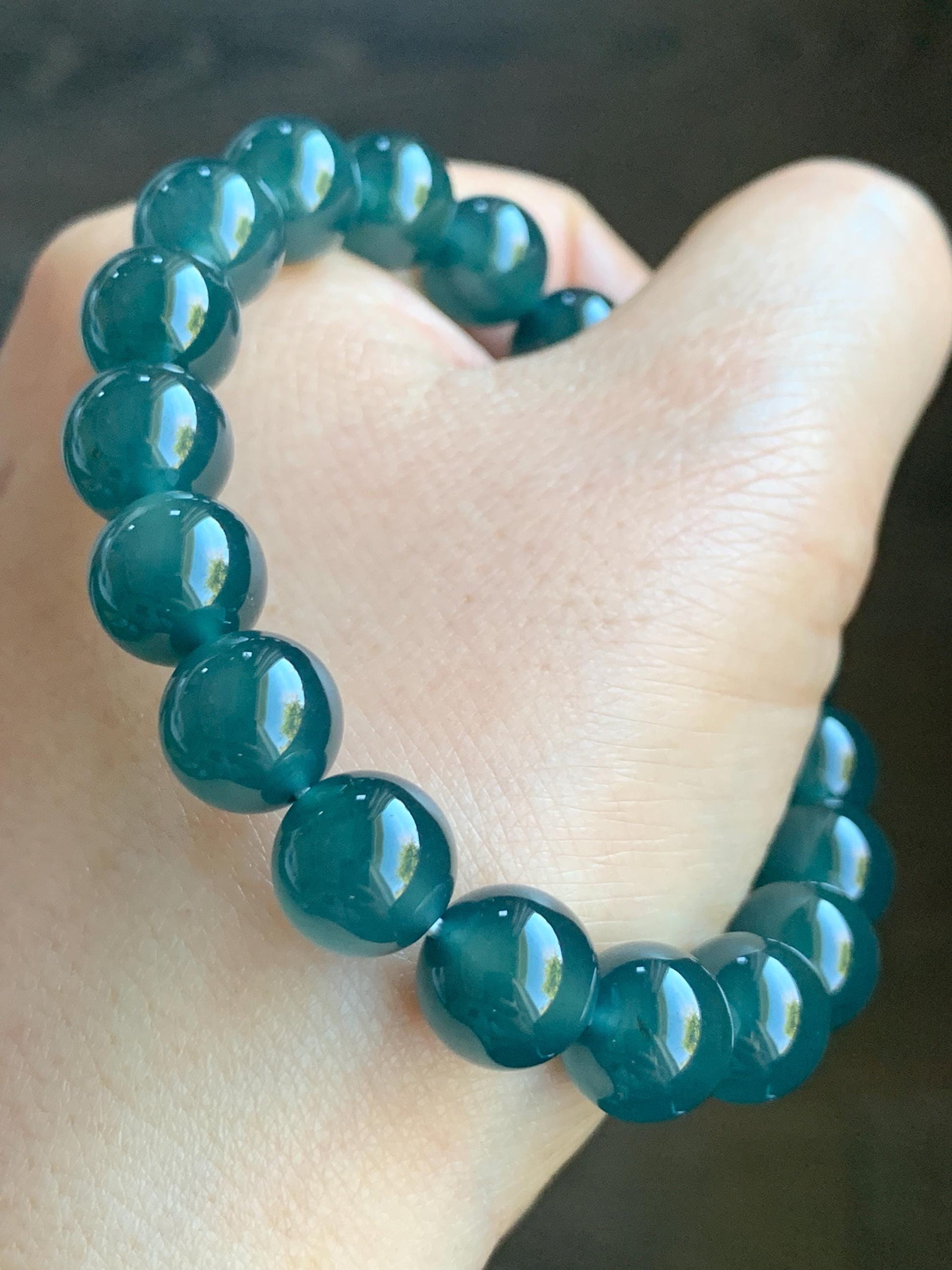 Certified Natural Grade A Guatemalan Premium Icy Translucent Dark Teal Blue Jadeite Beaded Bracelet 10.5mm 7.25” 37.7g 天然老种冰危深蓝翡翠大卡手串 7854