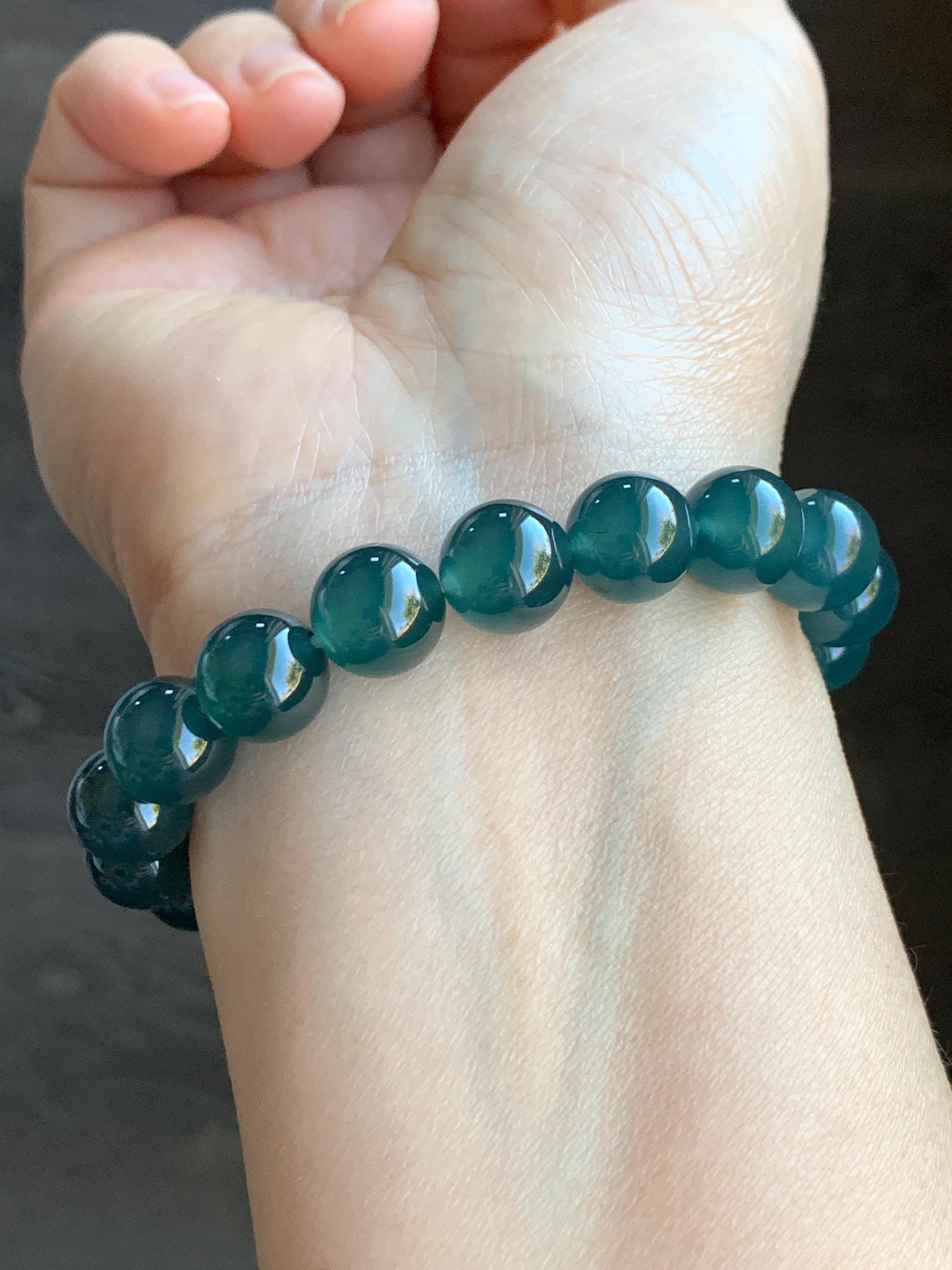 Certified Natural Grade A Guatemalan Premium Icy Translucent Dark Teal Blue Jadeite Beaded Bracelet 10.5mm 7.25” 37.7g 天然老种冰危深蓝翡翠大卡手串 7854