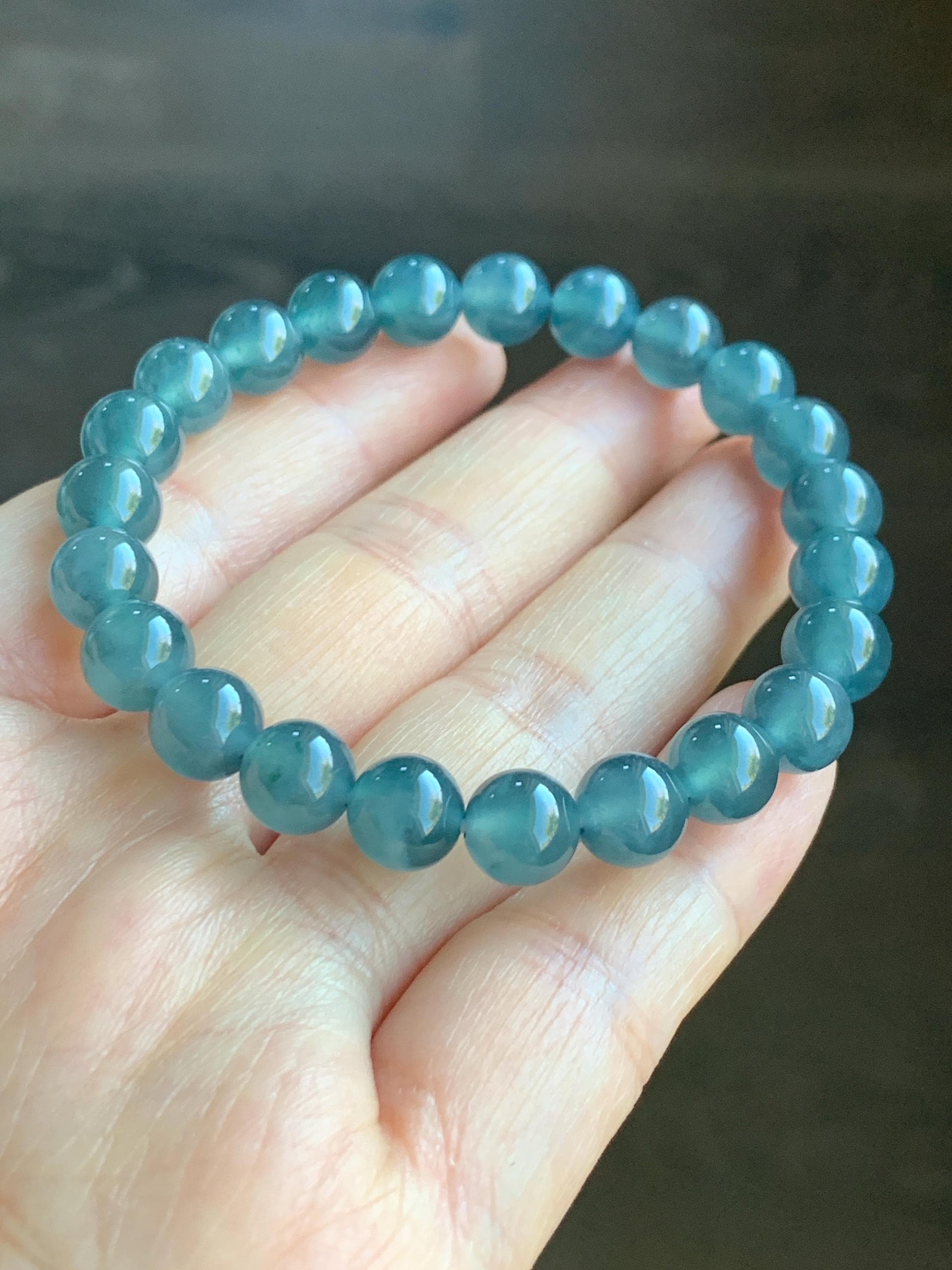 Natural Grade A Guatemalan Premium Icy Highly Translucent Dark Teal Blue Jadeite Beaded Bracelet 7.9mm 6.75” 19g 天然老种冰危深蓝翡翠手串 WBT320