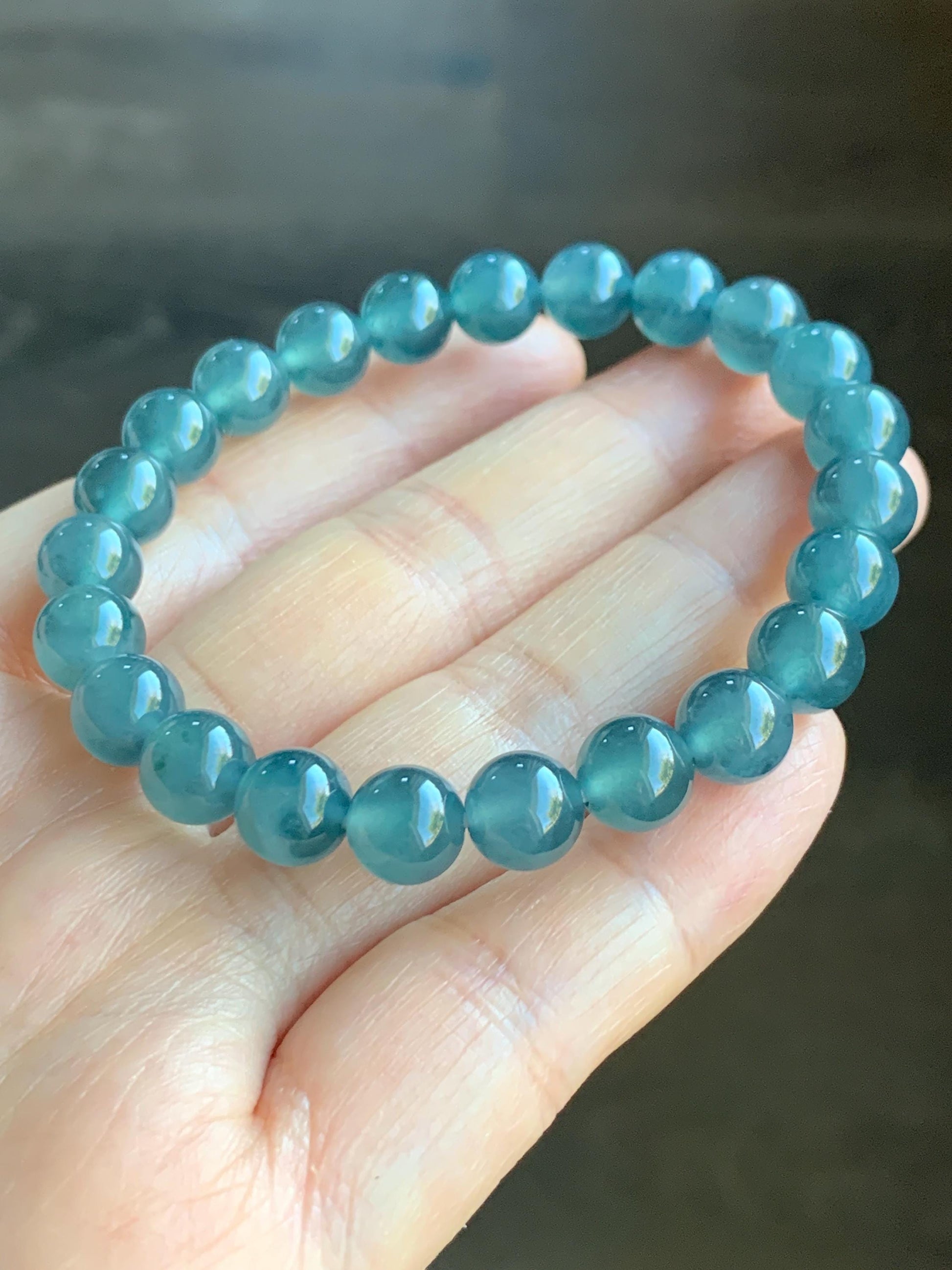 Natural Grade A Guatemalan Premium Icy Highly Translucent Dark Teal Blue Jadeite Beaded Bracelet 7.9mm 6.75” 19g 天然老种冰危深蓝翡翠手串 WBT320