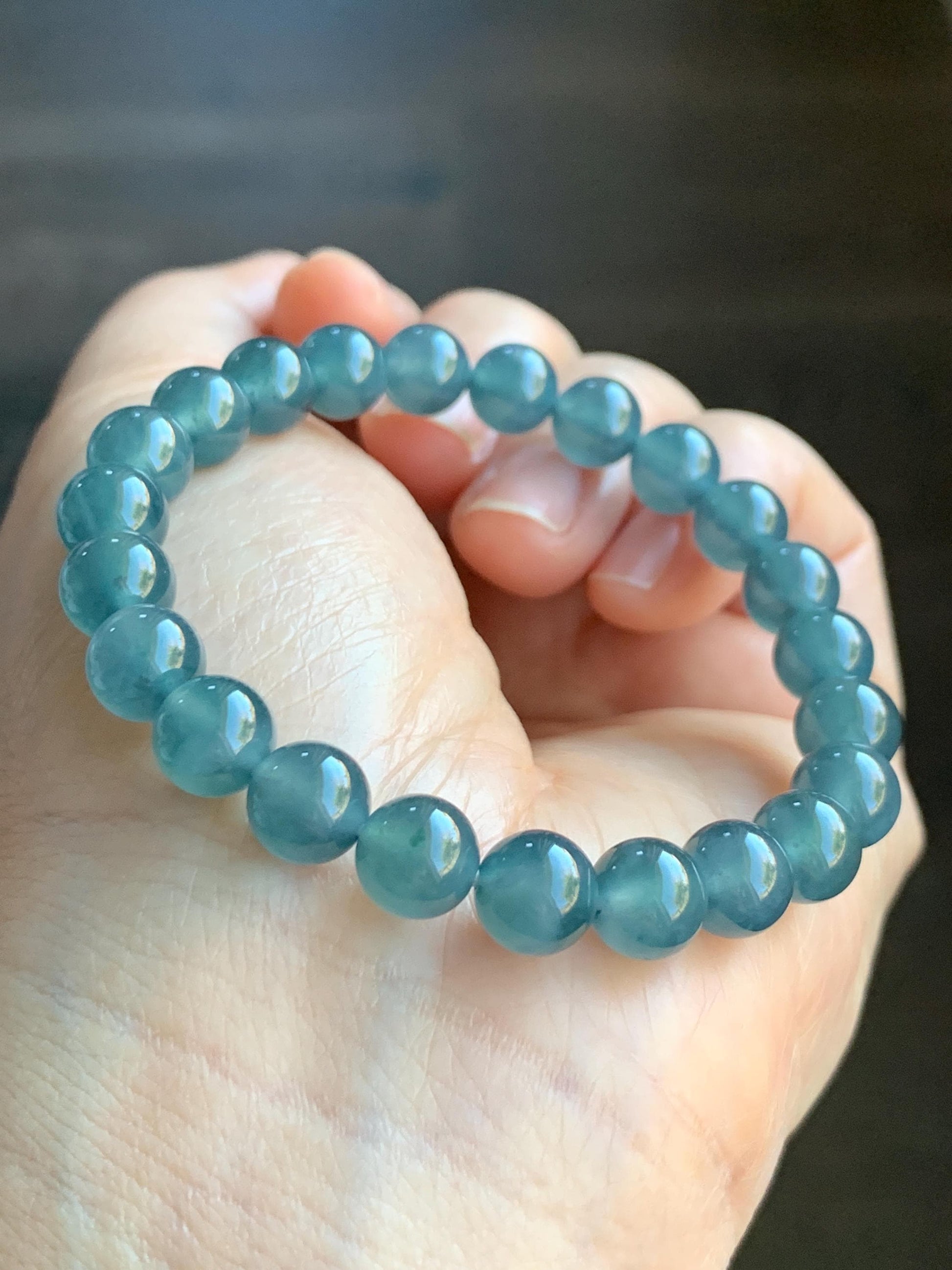Natural Grade A Guatemalan Premium Icy Highly Translucent Dark Teal Blue Jadeite Beaded Bracelet 7.9mm 6.75” 19g 天然老种冰危深蓝翡翠手串 WBT320