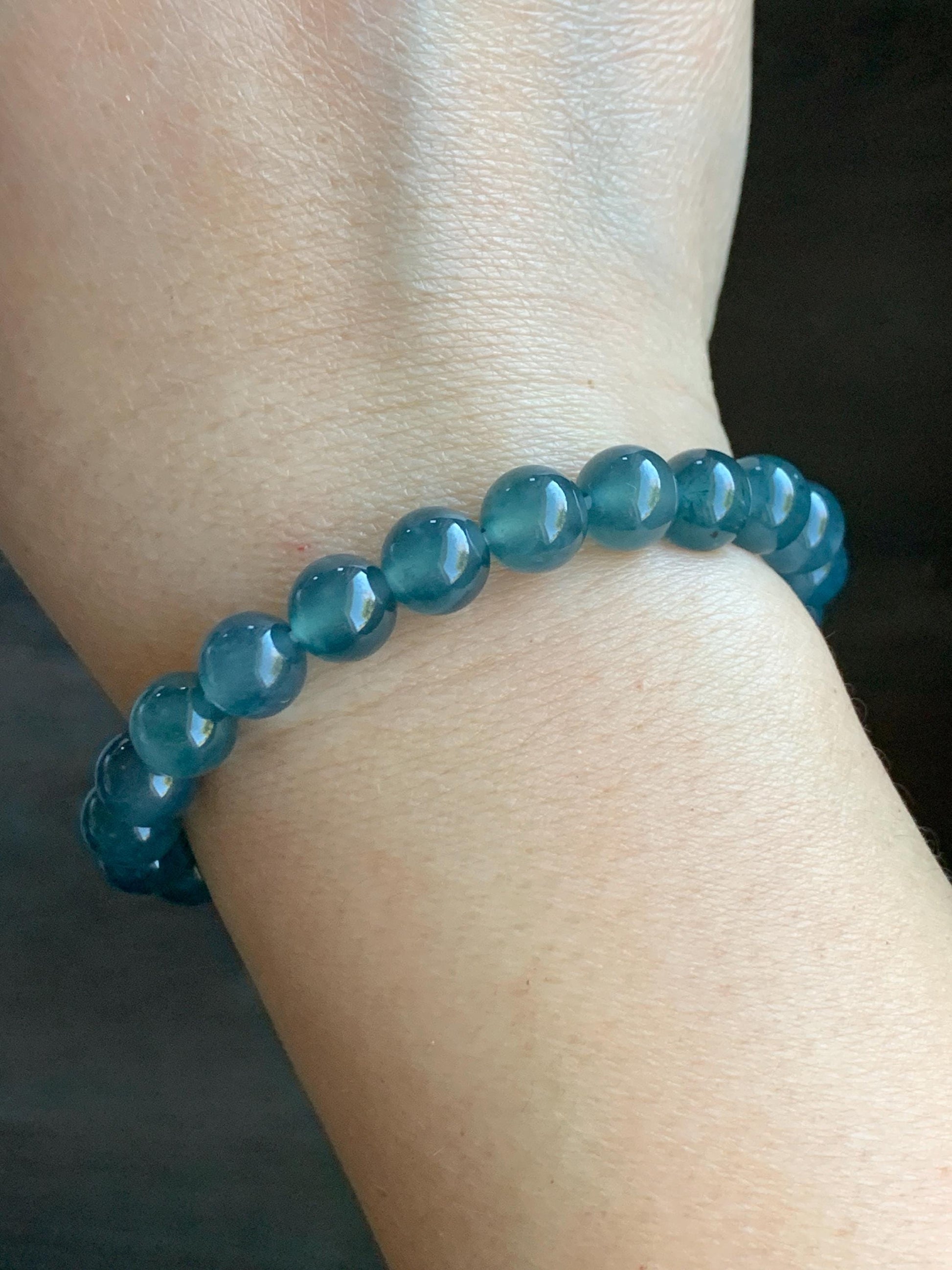 Natural Grade A Guatemalan Premium Icy Highly Translucent Dark Teal Blue Jadeite Beaded Bracelet 7.9mm 6.75” 19g 天然老种冰危深蓝翡翠手串 WBT320