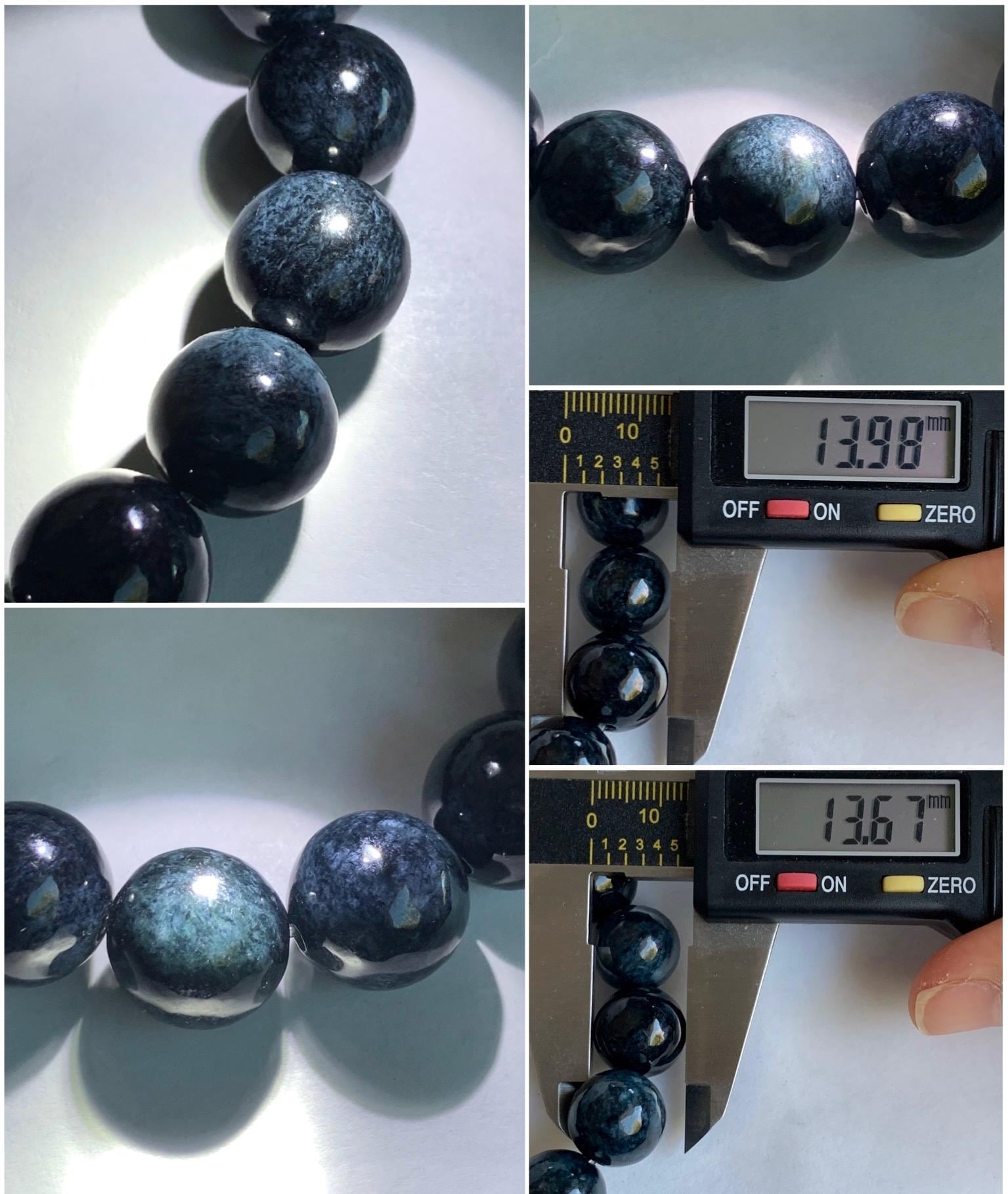 Natural Grade A Dark Navy Blue Jadeite Large Round Beads Beaded Bracelet Stretchy 13.6mm 7.75" 64g 天然A货深牛仔蓝翡翠大卡圆珠手串 MNZL280