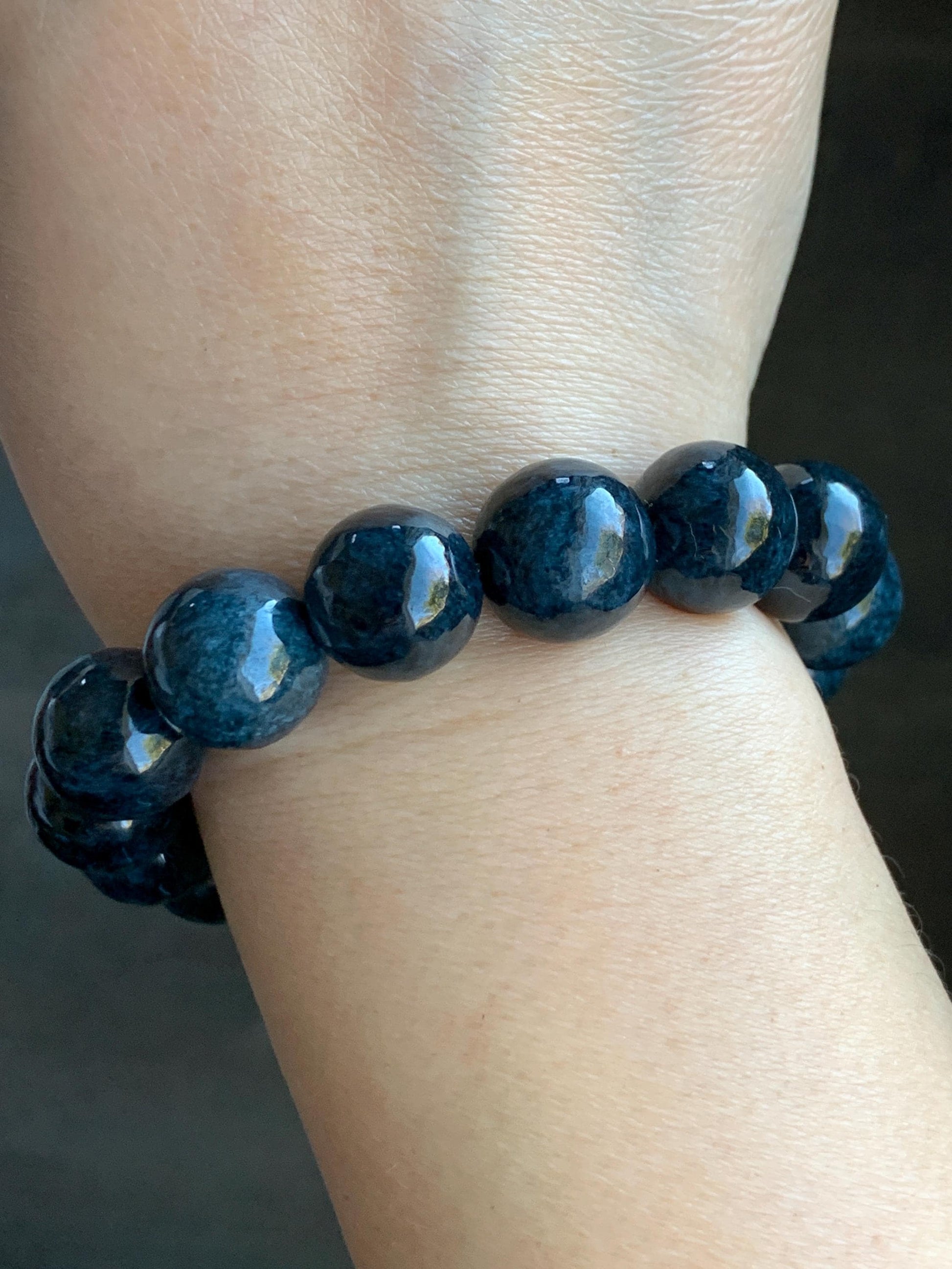 Natural Grade A Dark Navy Blue Jadeite Large Round Beads Beaded Bracelet Stretchy 13.6mm 7.75" 64g 天然A货深牛仔蓝翡翠大卡圆珠手串 MNZL280