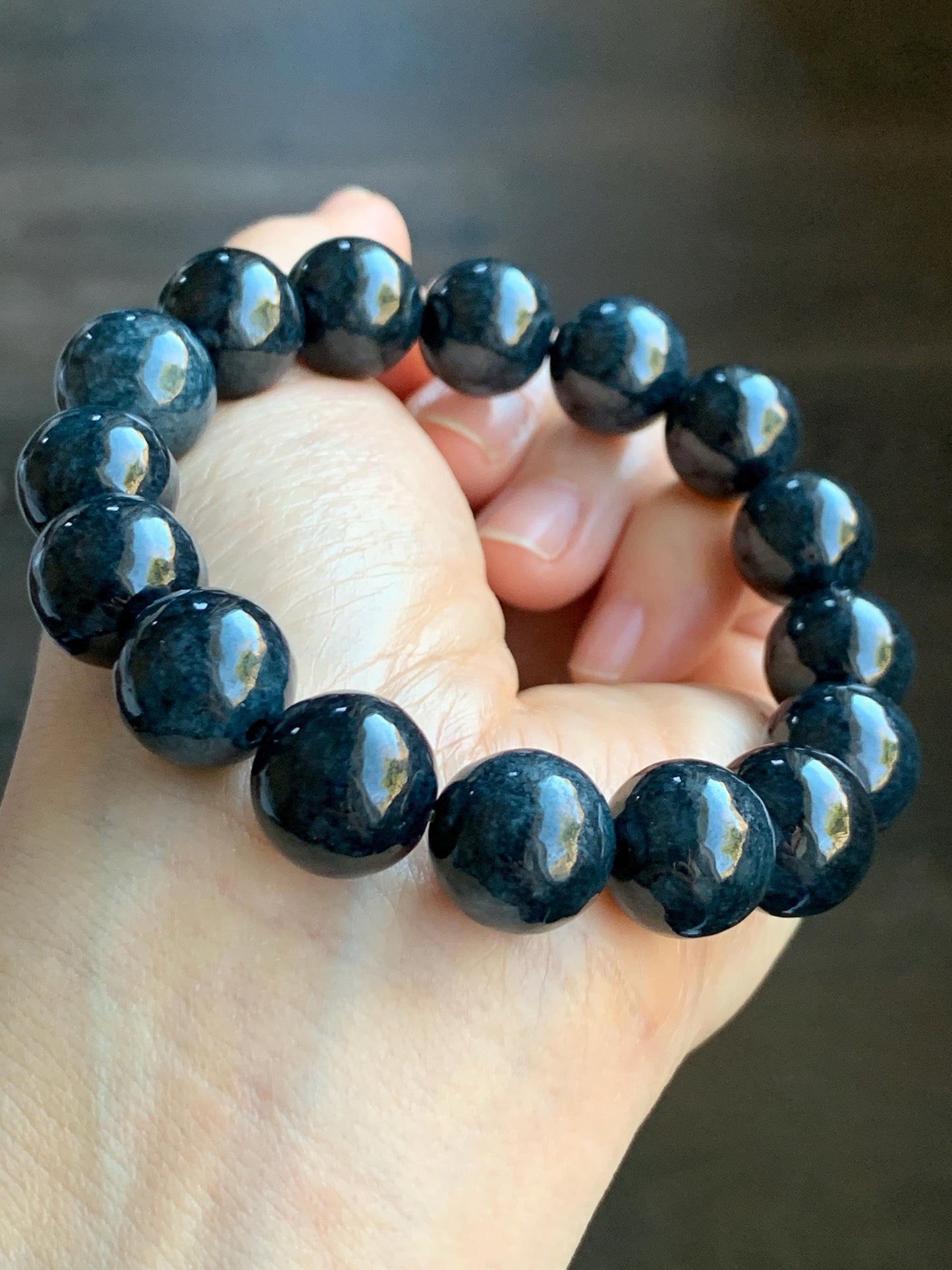 Natural Grade A Dark Navy Blue Jadeite Large Round Beads Beaded Bracelet Stretchy 13.6mm 7.75" 64g 天然A货深牛仔蓝翡翠大卡圆珠手串 MNZL280