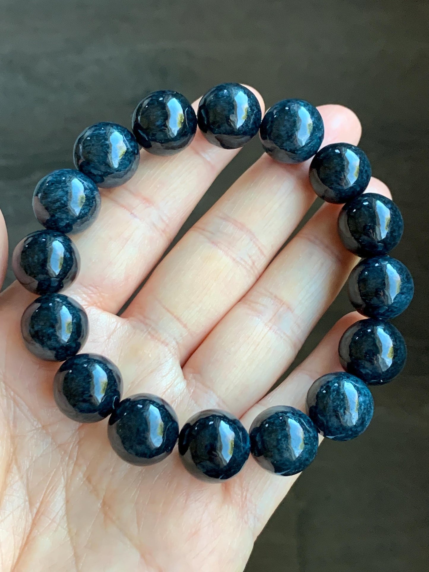 Natural Grade A Dark Navy Blue Jadeite Large Round Beads Beaded Bracelet Stretchy 13.6mm 7.75" 64g 天然A货深牛仔蓝翡翠大卡圆珠手串 MNZL280