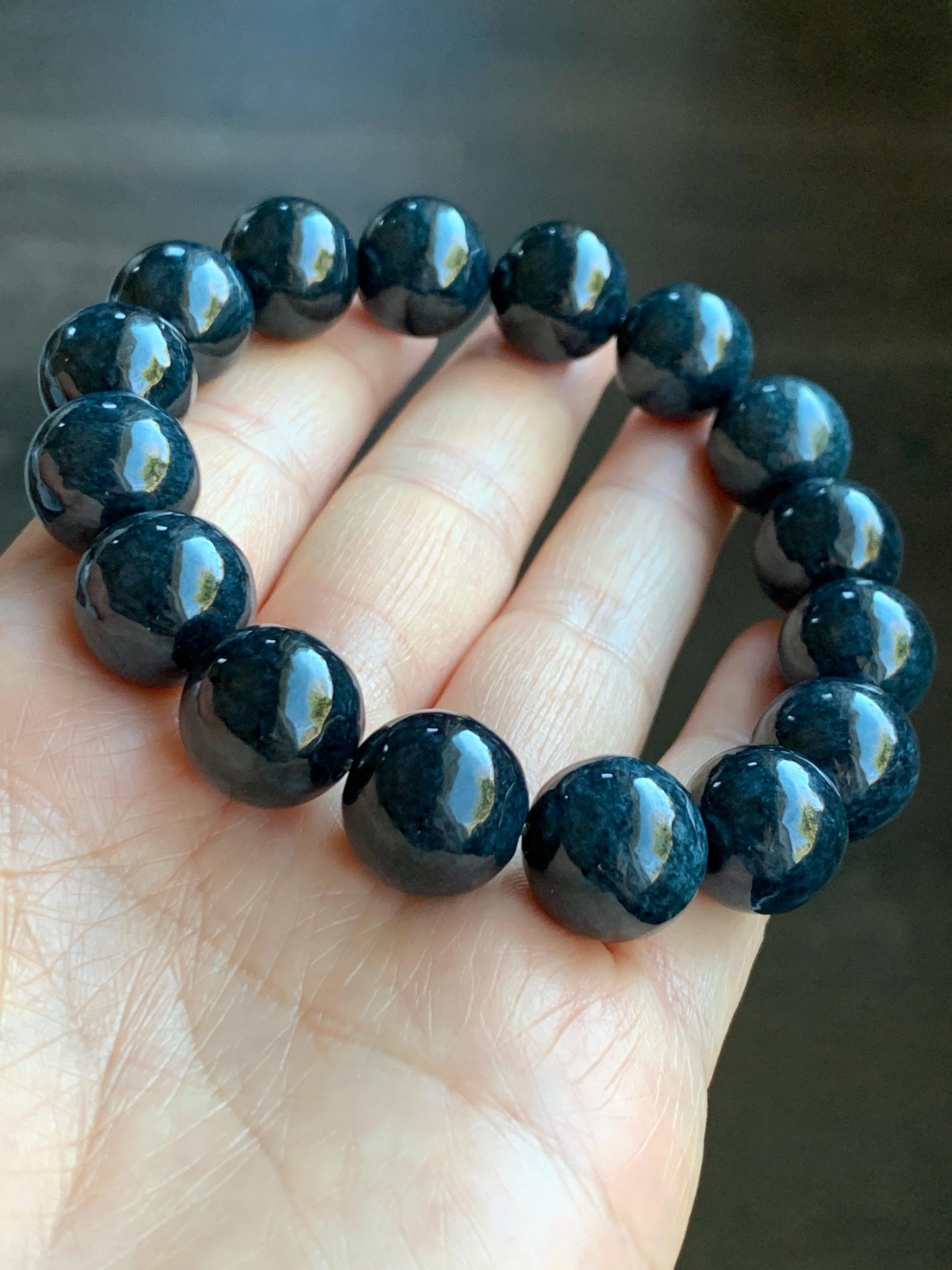 Natural Grade A Dark Navy Blue Jadeite Large Round Beads Beaded Bracelet Stretchy 13.6mm 7.75" 64g 天然A货深牛仔蓝翡翠大卡圆珠手串 MNZL280