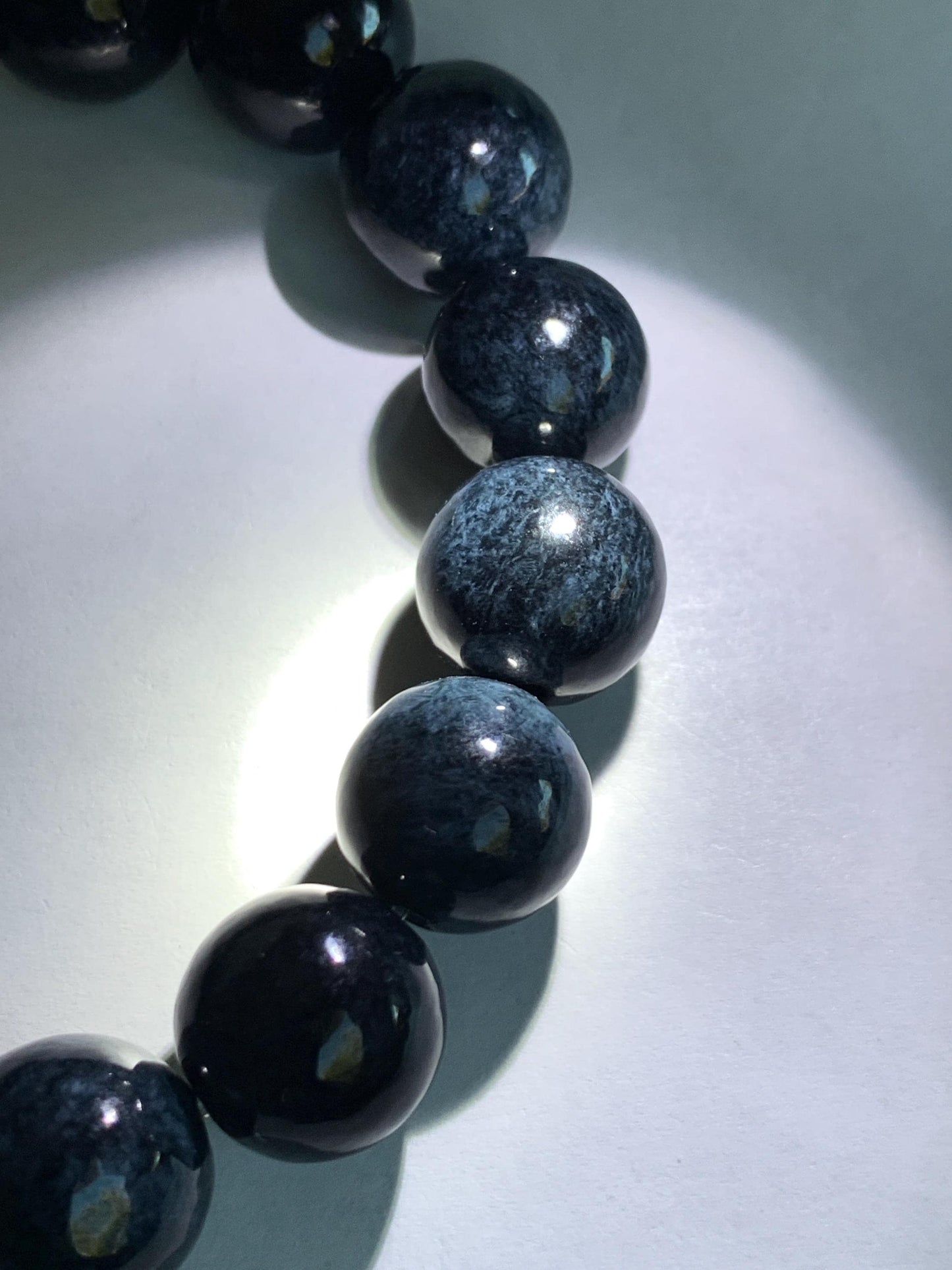 Natural Grade A Dark Navy Blue Jadeite Large Round Beads Beaded Bracelet Stretchy 13.6mm 7.75" 64g 天然A货深牛仔蓝翡翠大卡圆珠手串 MNZL280