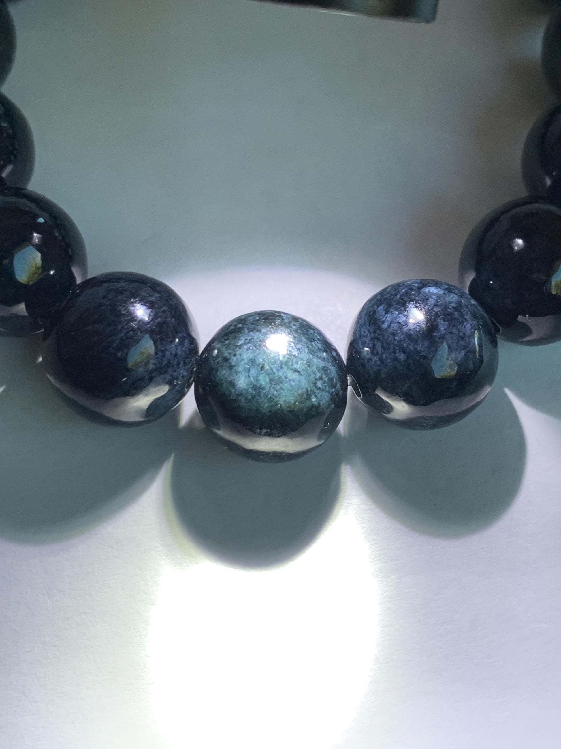 Natural Grade A Dark Navy Blue Jadeite Large Round Beads Beaded Bracelet Stretchy 13.6mm 7.75" 64g 天然A货深牛仔蓝翡翠大卡圆珠手串 MNZL280