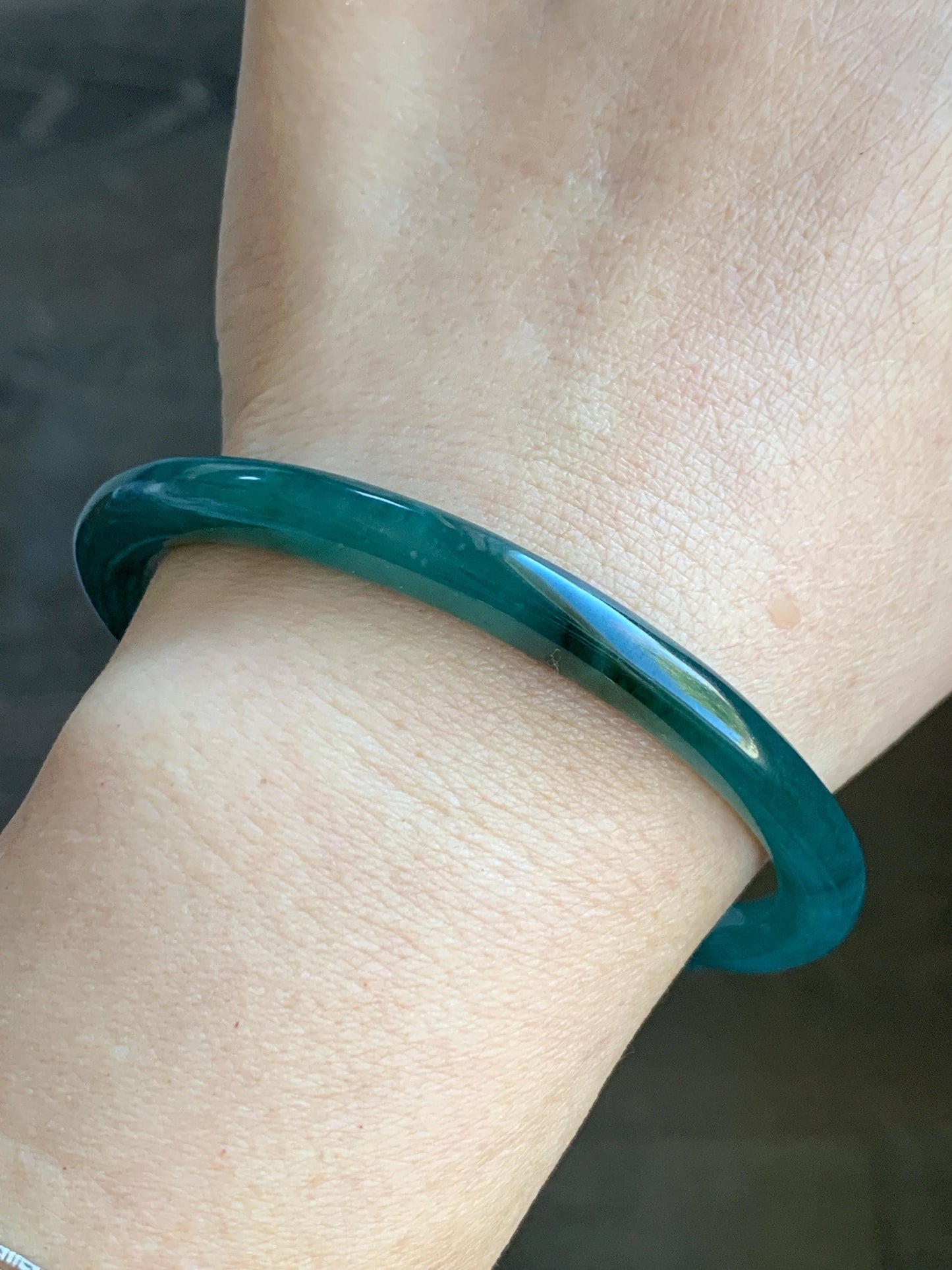 Certified Natural Guatemalan Icy Translucent Dark Teal Green Jadeite Open Bangle Bracelet w/ Lotus Pod Charm 61mm 天然老种冰胶危篮绿翡翠开口镯莲蓬挂坠 3004