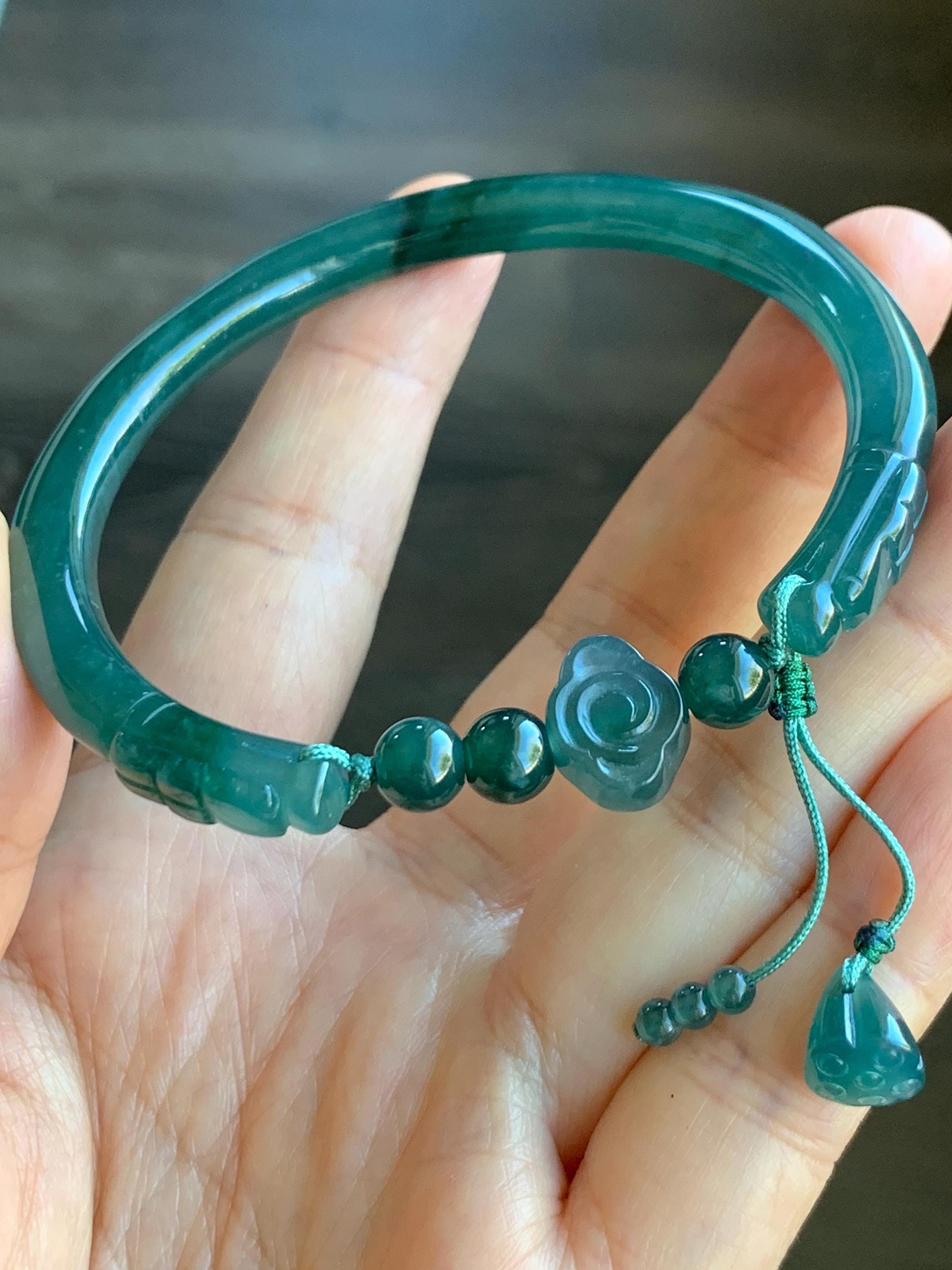 Certified Natural Guatemalan Icy Translucent Dark Teal Green Jadeite Open Bangle Bracelet w/ Lotus Pod Charm 61mm 天然老种冰胶危篮绿翡翠开口镯莲蓬挂坠 3004