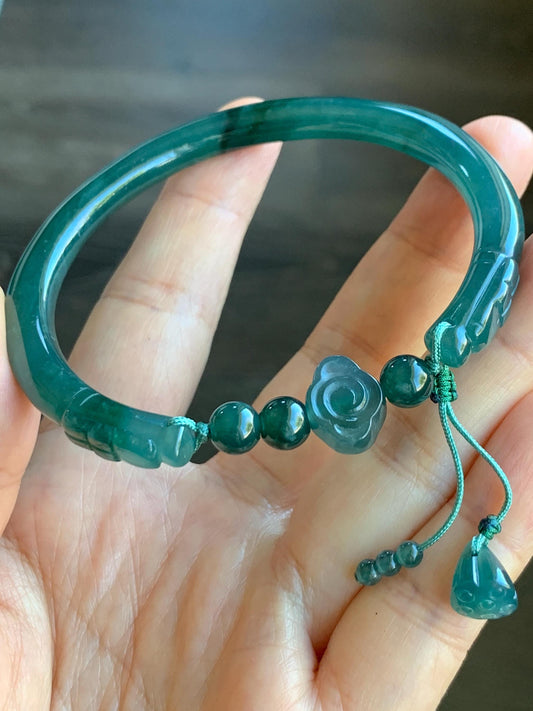 Certified Natural Guatemalan Icy Translucent Dark Teal Green Jadeite Open Bangle Bracelet w/ Lotus Pod Charm 61mm 天然老种冰胶危篮绿翡翠开口镯莲蓬挂坠 3004