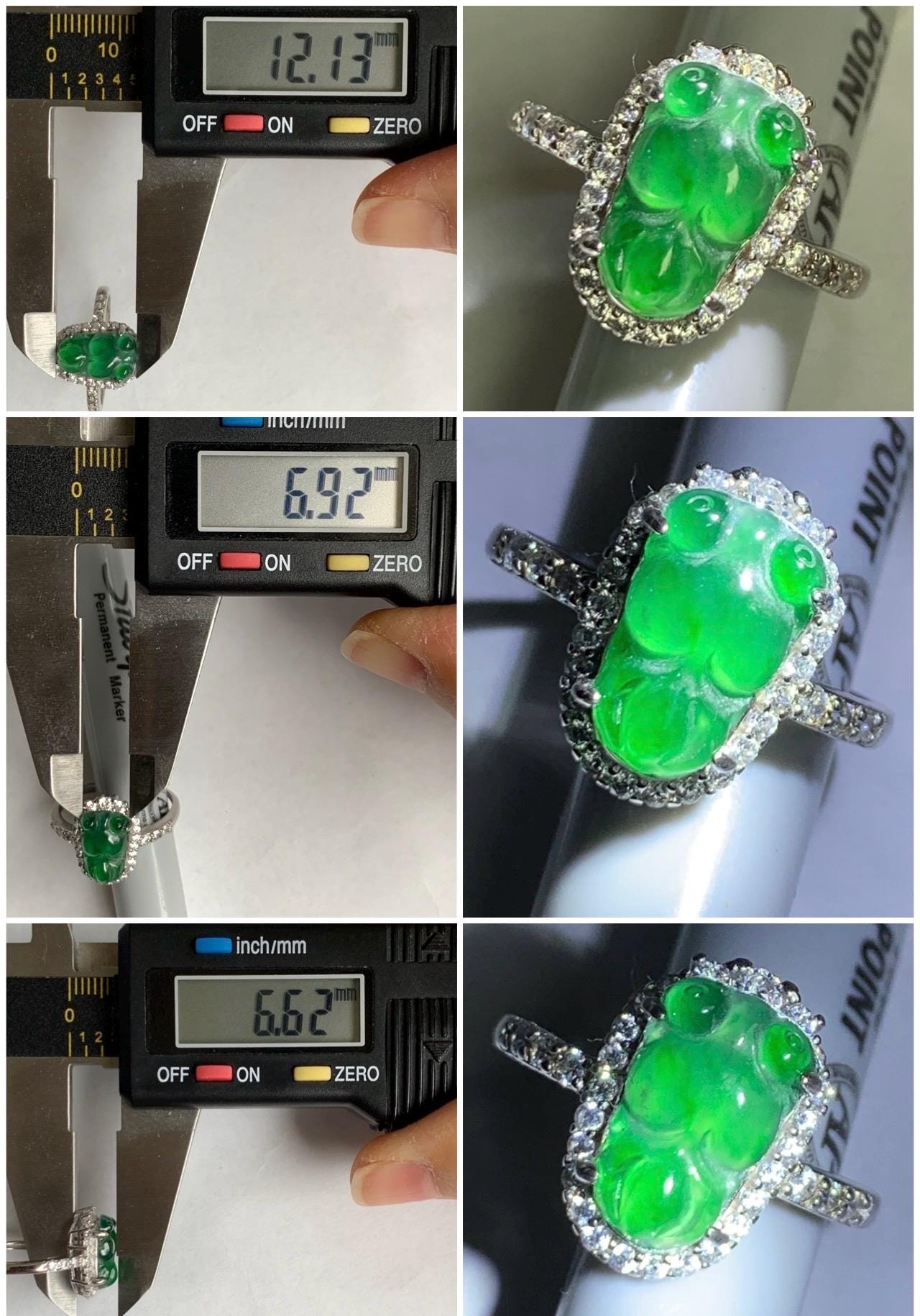 Natural Grade A Guatemalan Icy Translucent Green Jadeite Carved Goldfish Ring Sterling Silver Size 7 Adjustable 天然冰危绿翡翠金鱼银镶戒指 LJY180-A