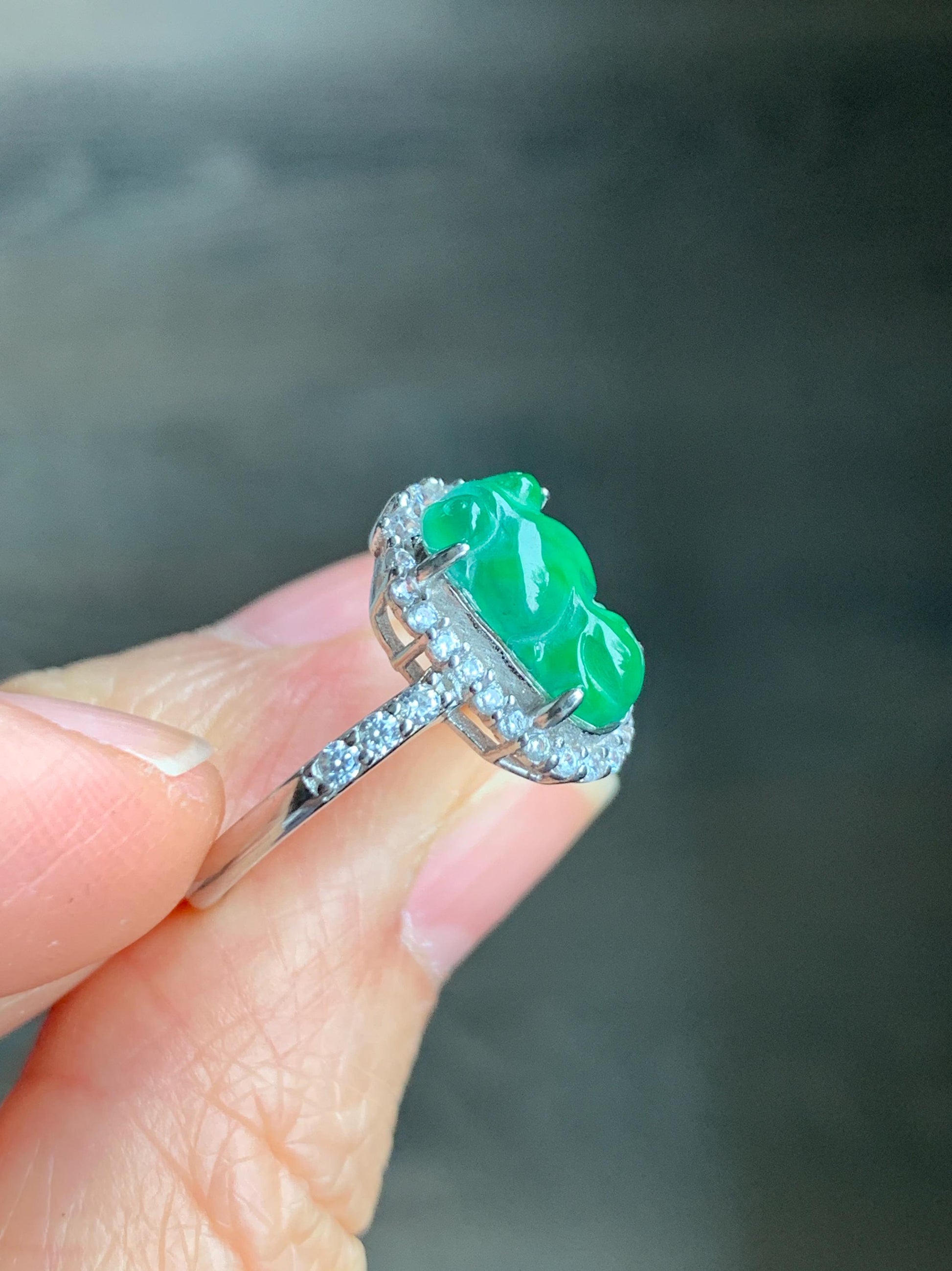 Natural Grade A Guatemalan Icy Translucent Green Jadeite Carved Goldfish Ring Sterling Silver Size 7 Adjustable 天然冰危绿翡翠金鱼银镶戒指 LJY180-A