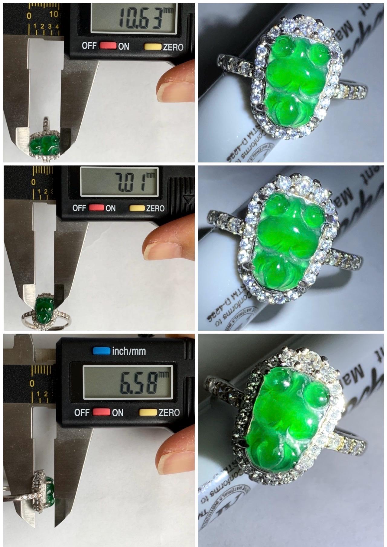Natural Grade A Guatemalan Icy Translucent Green Jadeite Carved Goldfish Ring Sterling Silver Size 7 Adjustable 天然冰危绿翡翠金鱼银镶戒指 LJY180-B
