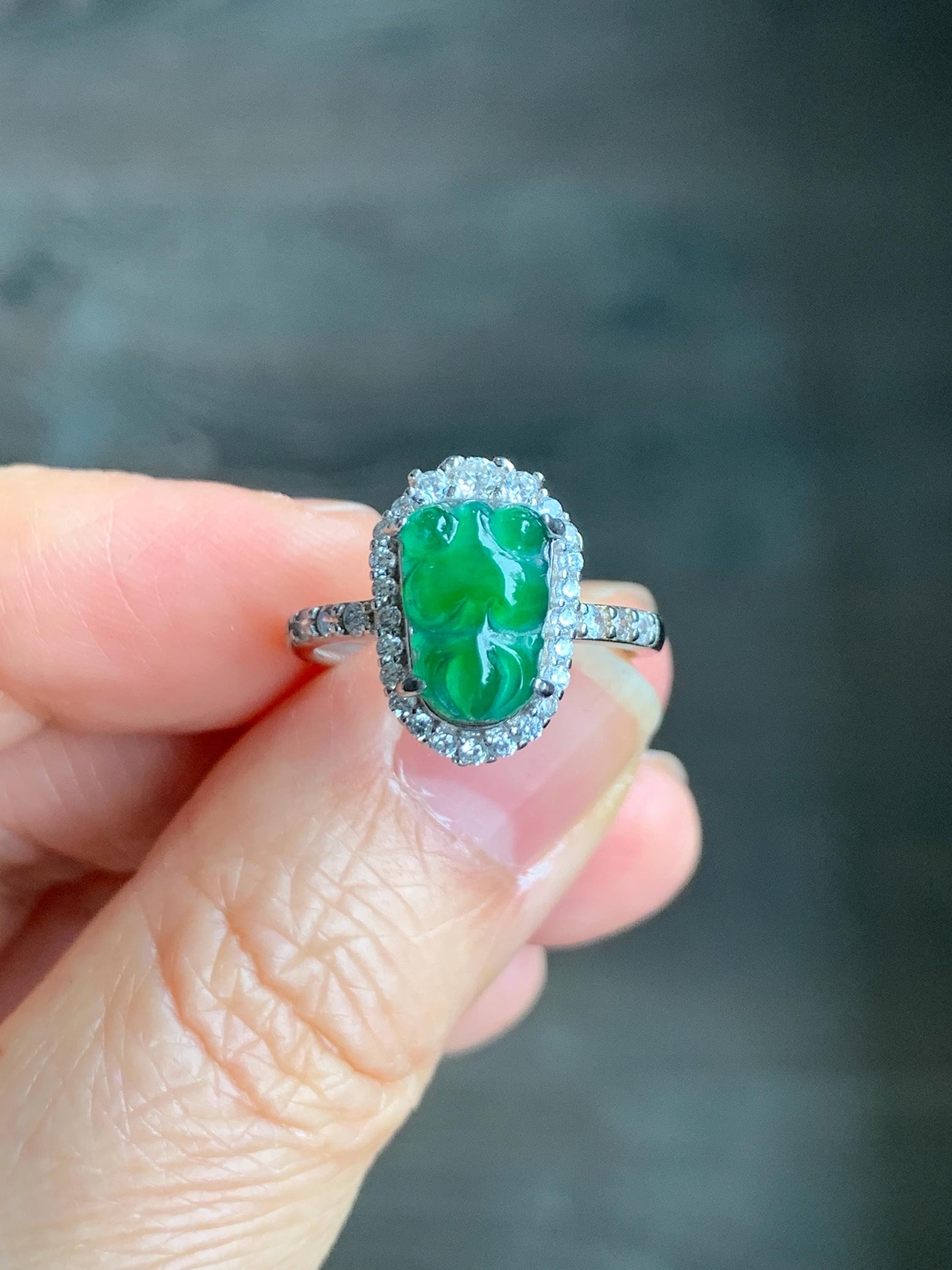 Natural Grade A Guatemalan Icy Translucent Green Jadeite Carved Goldfish Ring Sterling Silver Size 7 Adjustable 天然冰危绿翡翠金鱼银镶戒指 LJY180-B