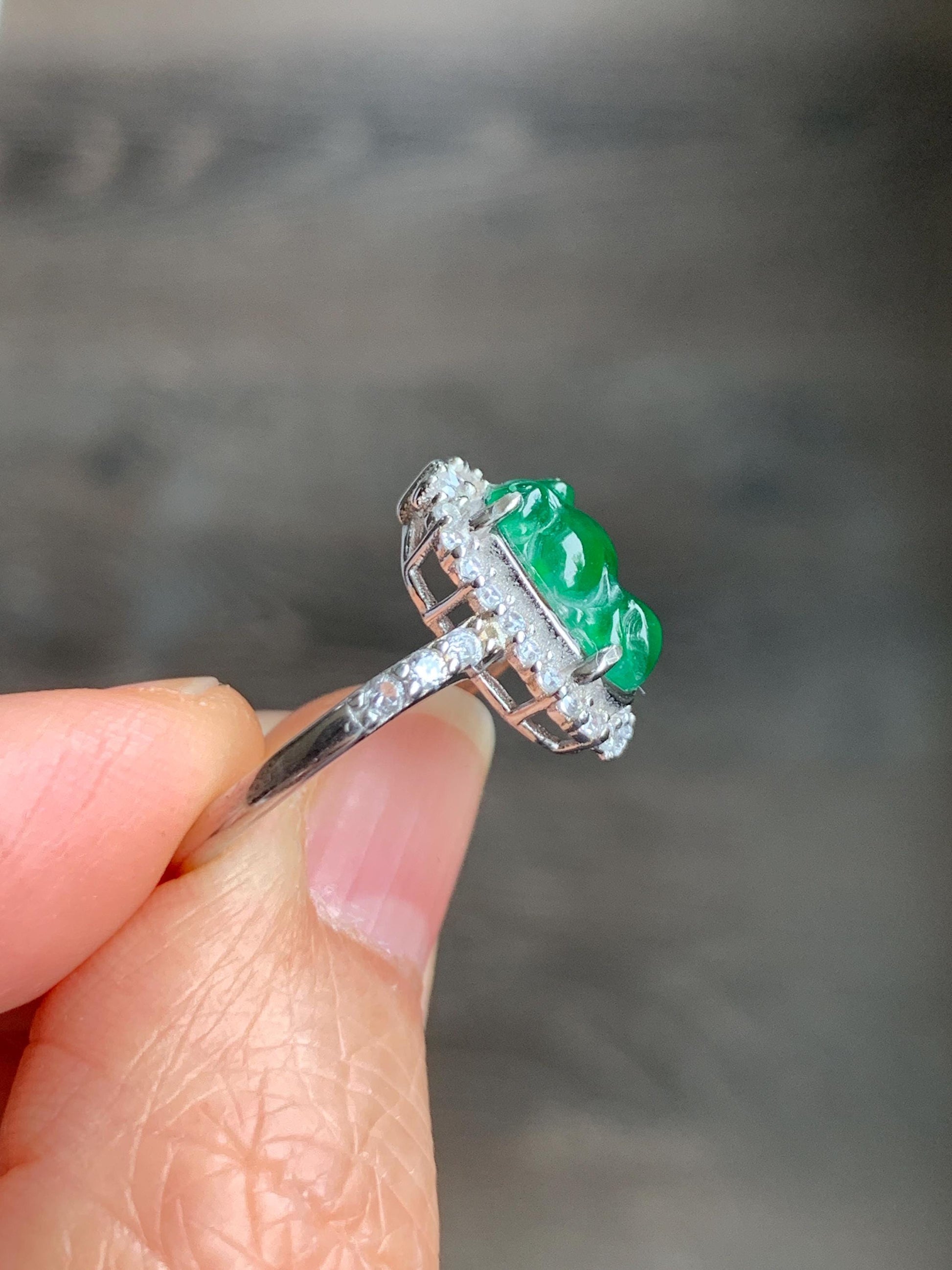 Natural Grade A Guatemalan Icy Translucent Green Jadeite Carved Goldfish Ring Sterling Silver Size 7 Adjustable 天然冰危绿翡翠金鱼银镶戒指 LJY180-B