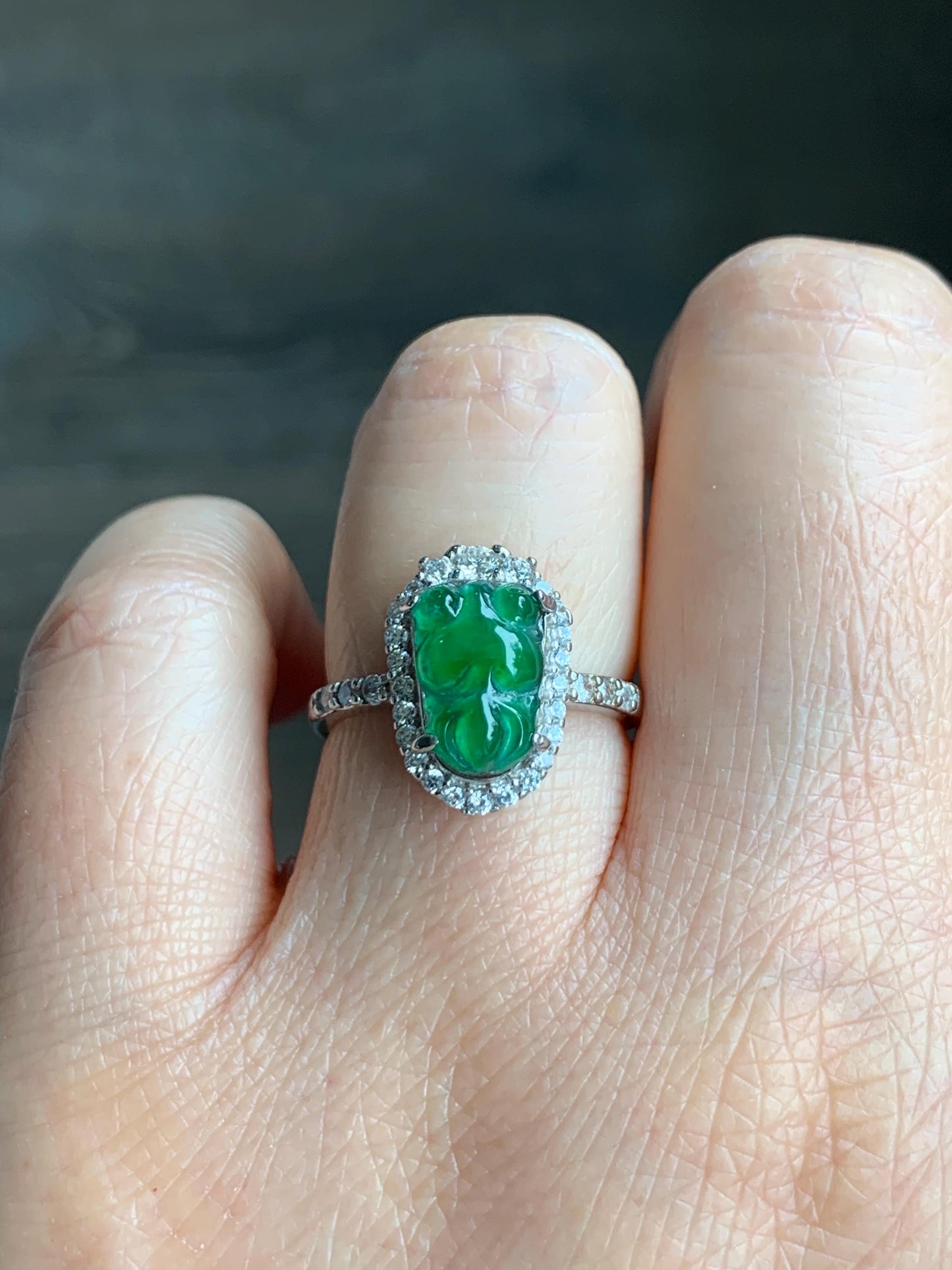 Natural Grade A Guatemalan Icy Translucent Green Jadeite Carved Goldfish Ring Sterling Silver Size 7 Adjustable 天然冰危绿翡翠金鱼银镶戒指 LJY180-B
