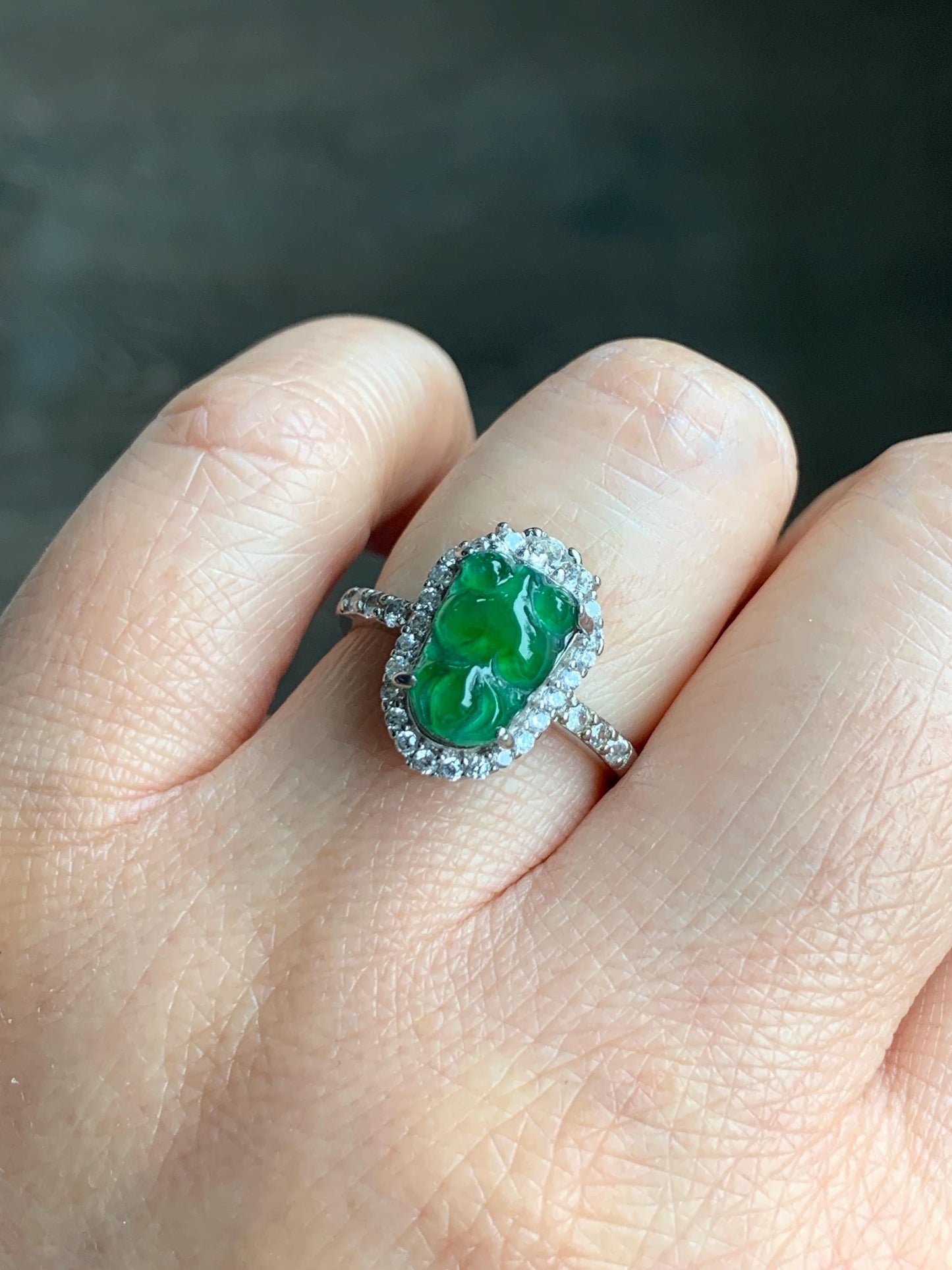 Natural Grade A Guatemalan Icy Translucent Green Jadeite Carved Goldfish Ring Sterling Silver Size 7 Adjustable 天然冰危绿翡翠金鱼银镶戒指 LJY180-B