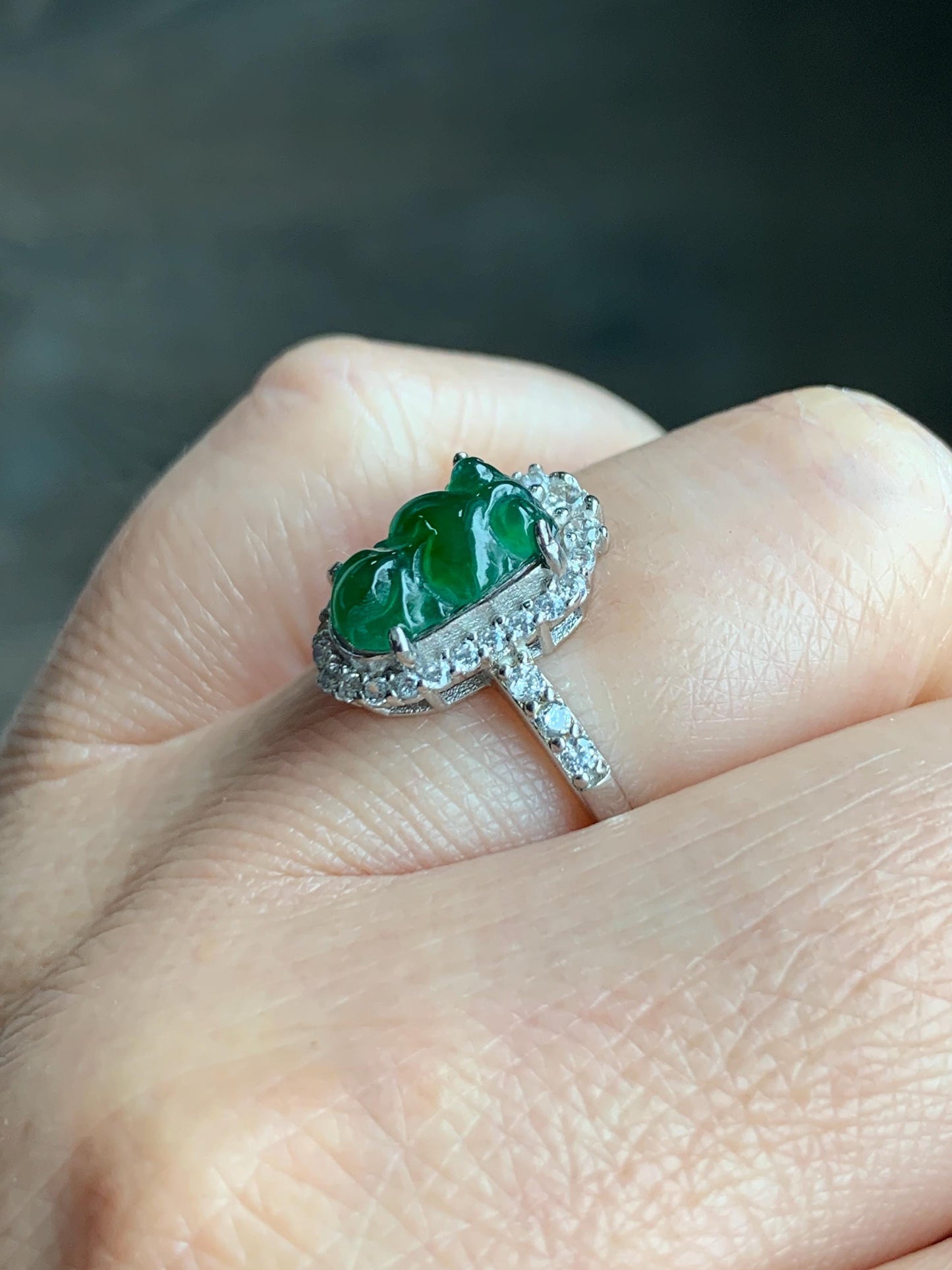 Natural Grade A Guatemalan Icy Translucent Green Jadeite Carved Goldfish Ring Sterling Silver Size 7 Adjustable 天然冰危绿翡翠金鱼银镶戒指 LJY180-B