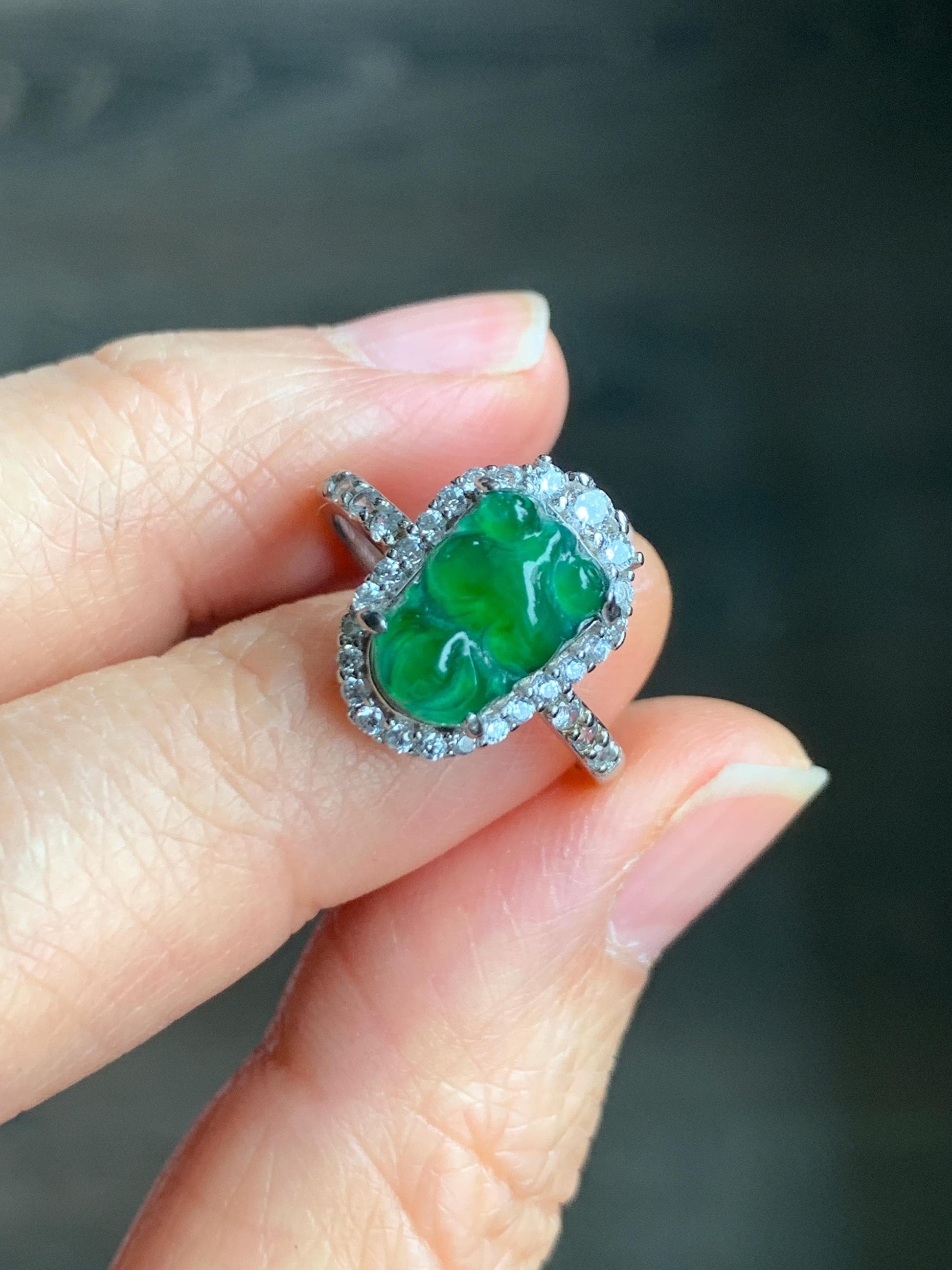 Natural Grade A Guatemalan Icy Translucent Green Jadeite Carved Goldfish Ring Sterling Silver Size 7 Adjustable 天然冰危绿翡翠金鱼银镶戒指 LJY180-B