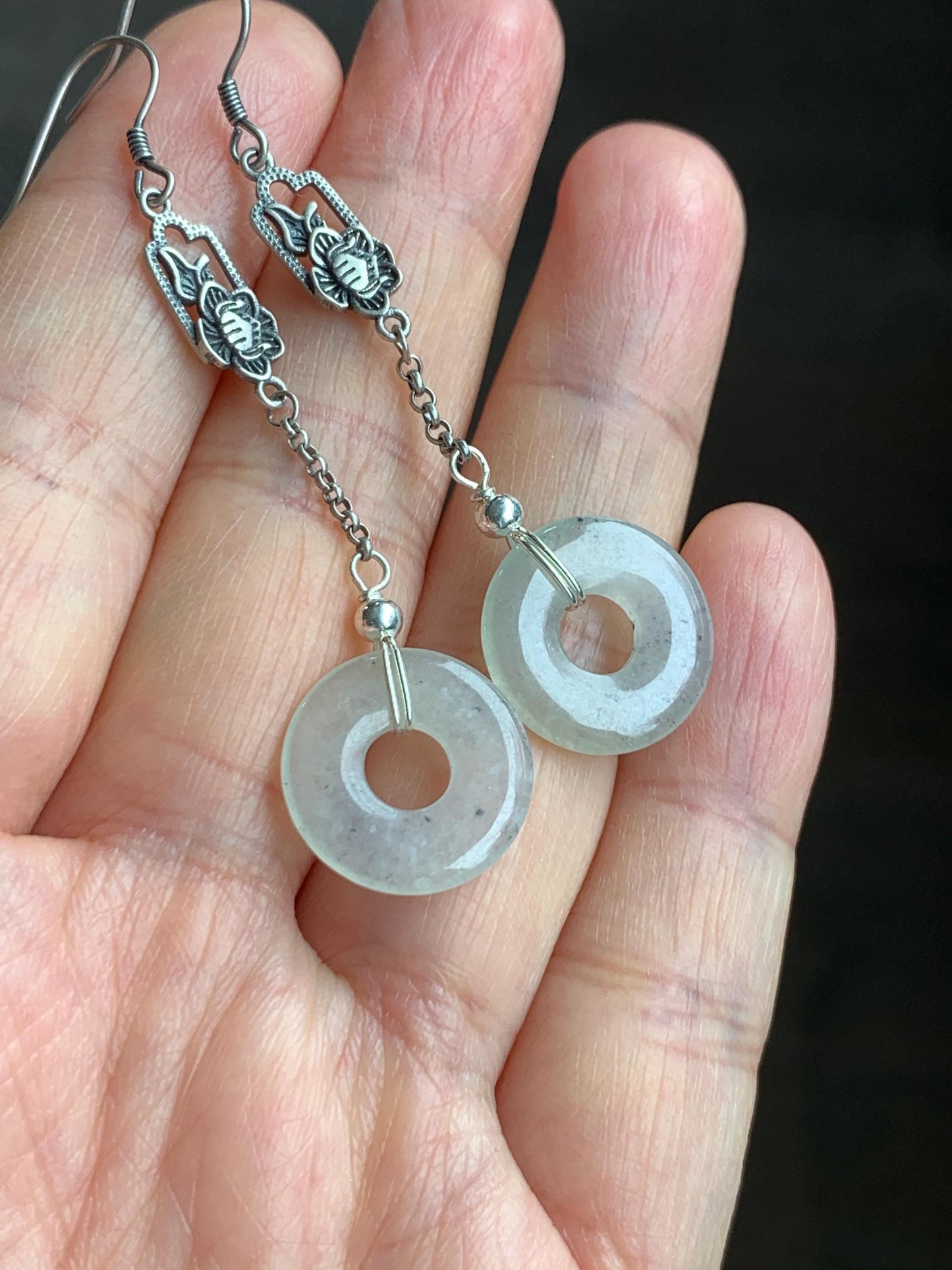 Natural Grade A Icy Translucent Light Wuji Marbled Jadeite Ping An Kou Donut Dangle Earrings S925 Sterling Silver 天然A货冰胶乌鸡翡翠平安扣银耳钩 WJX99