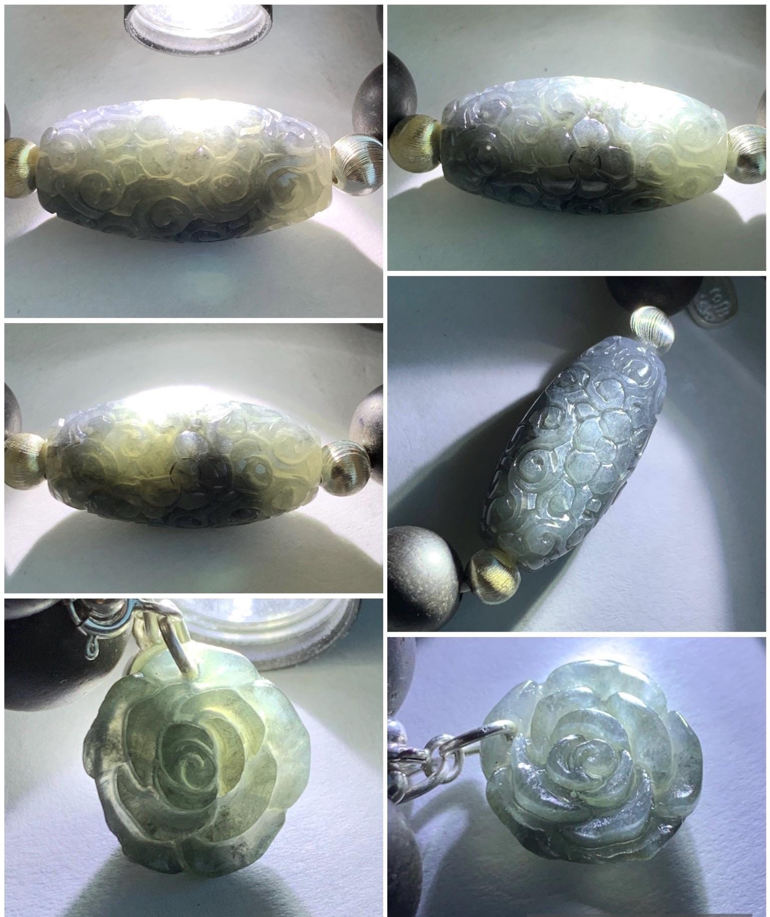 Natural Grade A Icy Translucent Wuji Jadeite Engraved Dzi Bead Rose Charm Wood Beads Beaded Bracelet Sterling Silver 7" 天然冰胶乌鸡翡翠天珠玫瑰花随意扣木珠手串