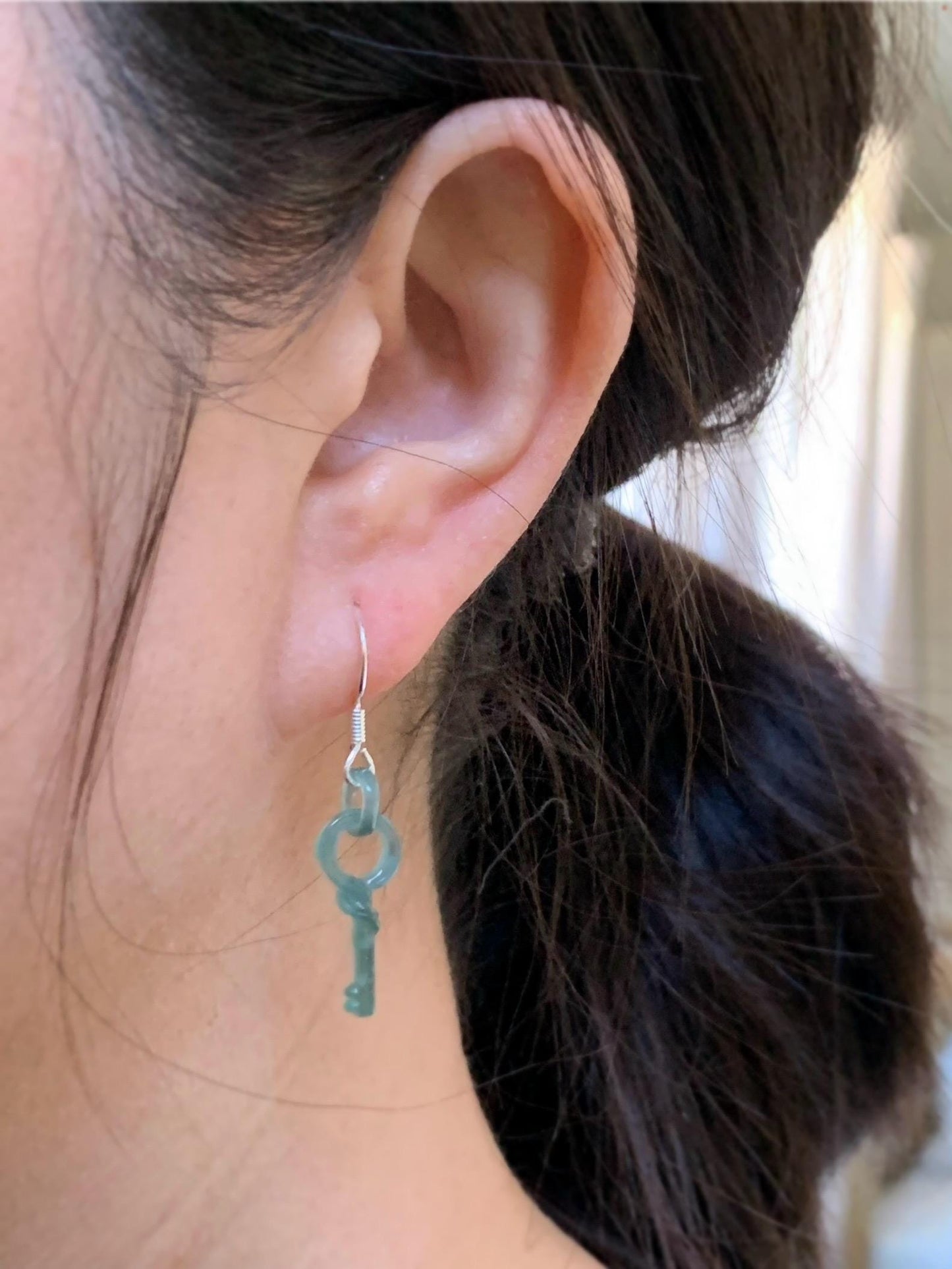 Natural Guatemalan Icy Highly Translucent Dusty Teal Blue Jadeite Keys w/ Interlocking Rings Dangle Earrings Sterling Silver 天然冰危蓝翡翠钥匙环环相扣耳钩