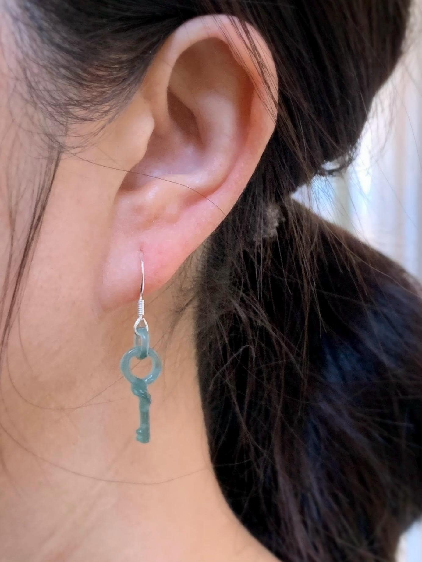 Natural Guatemalan Icy Highly Translucent Dusty Teal Blue Jadeite Keys w/ Interlocking Rings Dangle Earrings Sterling Silver 天然冰危蓝翡翠钥匙环环相扣耳钩