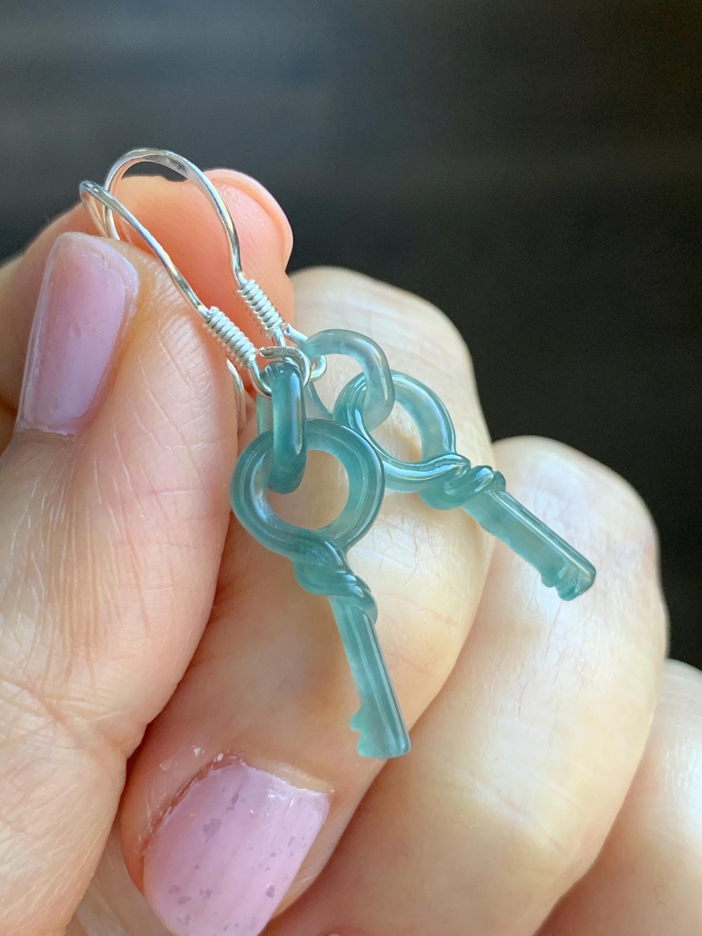 Natural Guatemalan Icy Highly Translucent Dusty Teal Blue Jadeite Keys w/ Interlocking Rings Dangle Earrings Sterling Silver 天然冰危蓝翡翠钥匙环环相扣耳钩