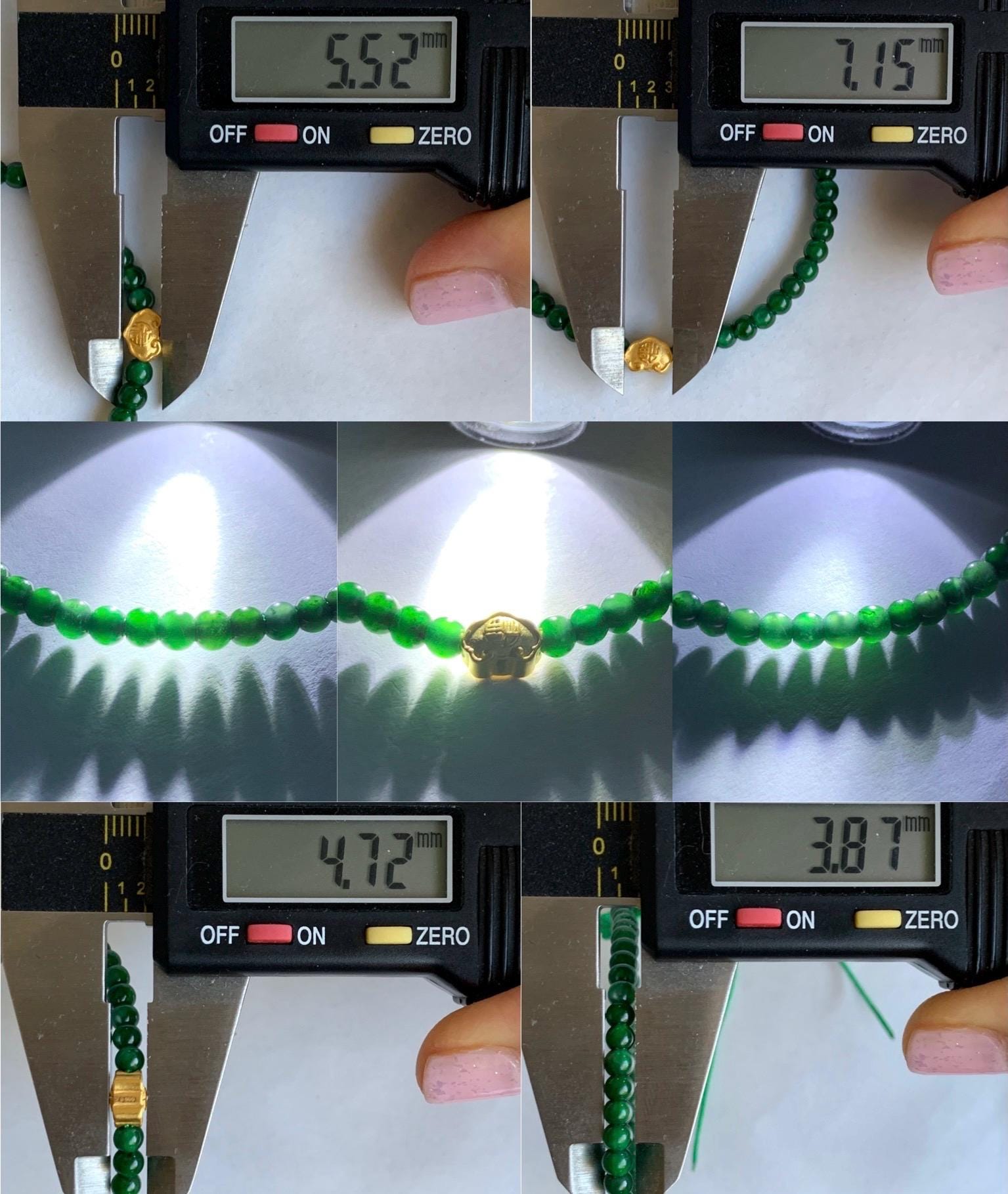 Natural Grade A Guatemalan Icy Green Jadeite Petite Beads 24K Gold Ruyi Bead Beaded Bracelet 3.8mm 7” 5g 天然冰危绿翡翠小珠足金如意3D珠手串