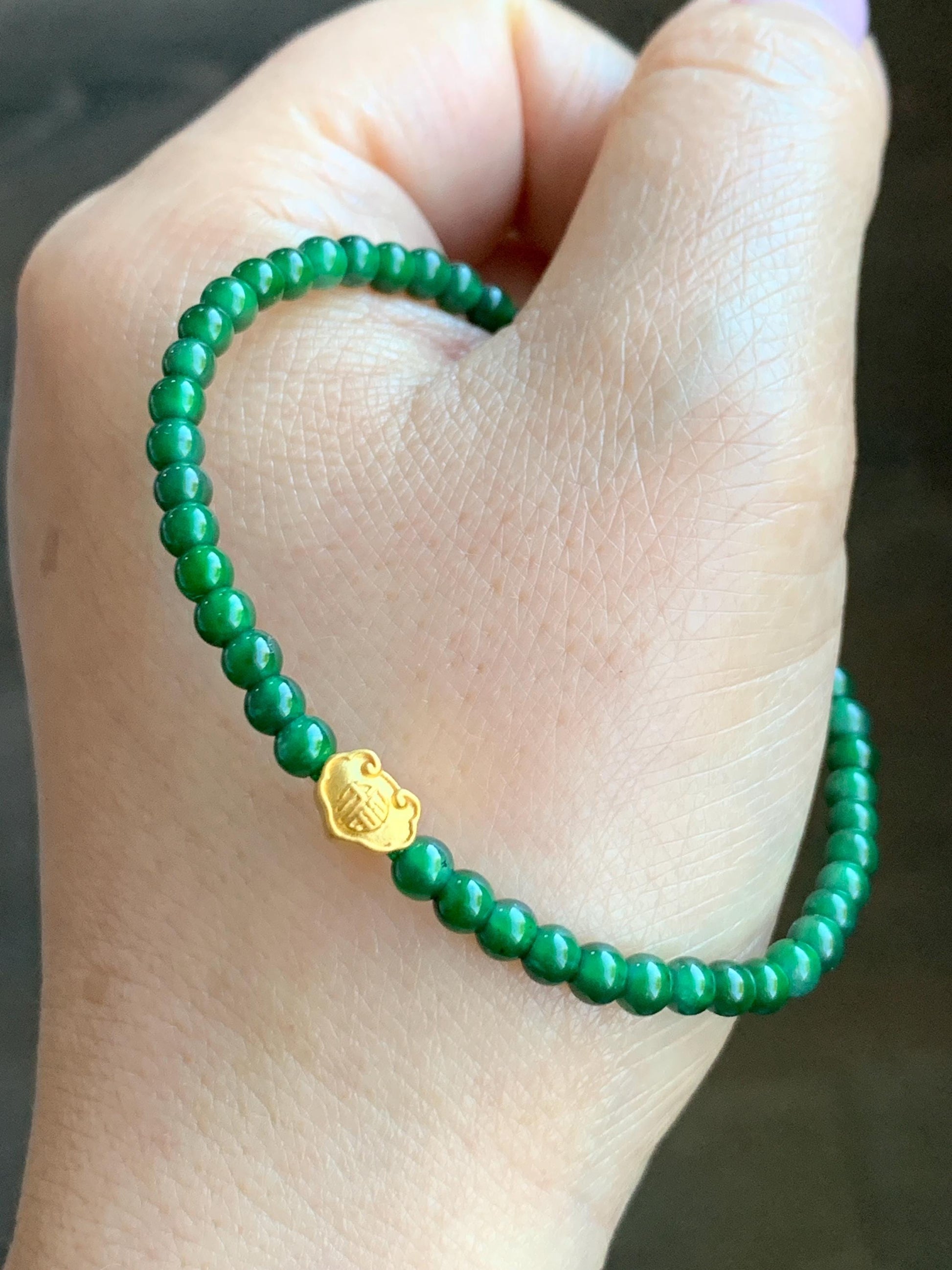 Natural Grade A Guatemalan Icy Green Jadeite Petite Beads 24K Gold Ruyi Bead Beaded Bracelet 3.8mm 7” 5g 天然冰危绿翡翠小珠足金如意3D珠手串