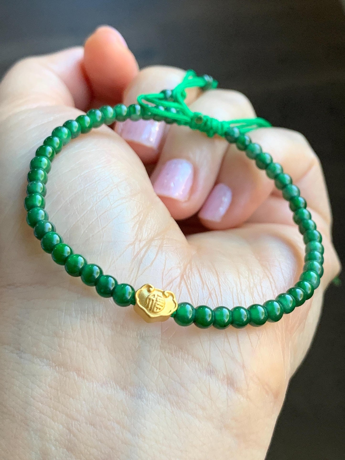 Natural Grade A Guatemalan Icy Green Jadeite Petite Beads 24K Gold Ruyi Bead Beaded Bracelet 3.8mm 7” 5g 天然冰危绿翡翠小珠足金如意3D珠手串