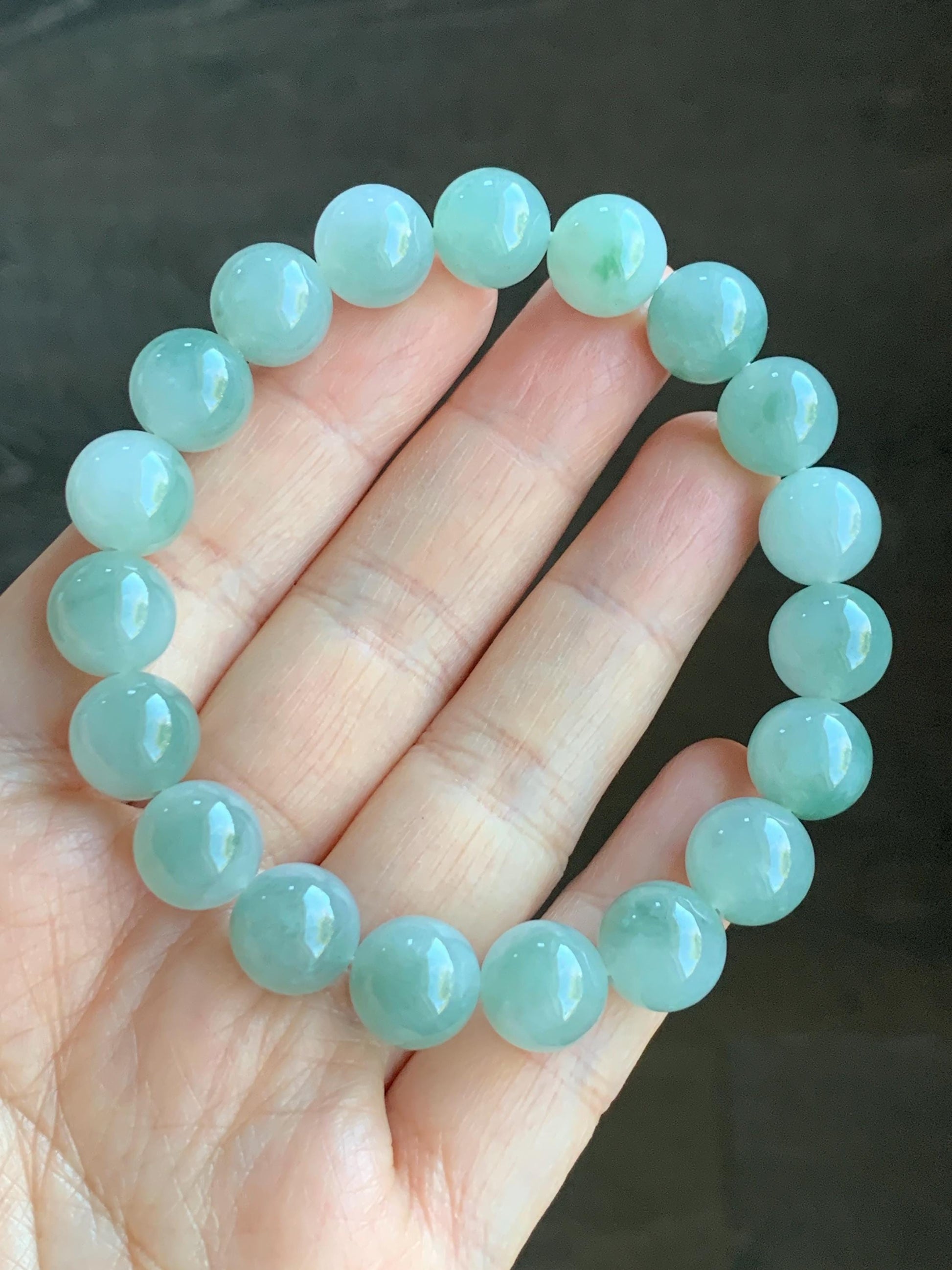 Certified Natural Grade A Icy Translucent Gelatinous Bicolored Jadeite Large Beads Beaded Bracelet 11mm 7.75” 41.7g 天然冰胶白加青鸳鸯翡翠大卡手串 1701