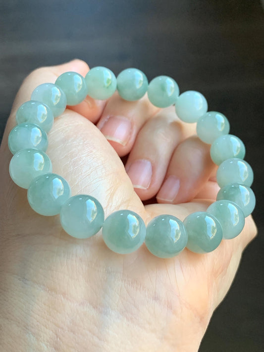 Certified Natural Grade A Icy Translucent Gelatinous Bicolored Jadeite Large Beads Beaded Bracelet 11mm 7.75” 41.7g 天然冰胶白加青鸳鸯翡翠大卡手串 1701
