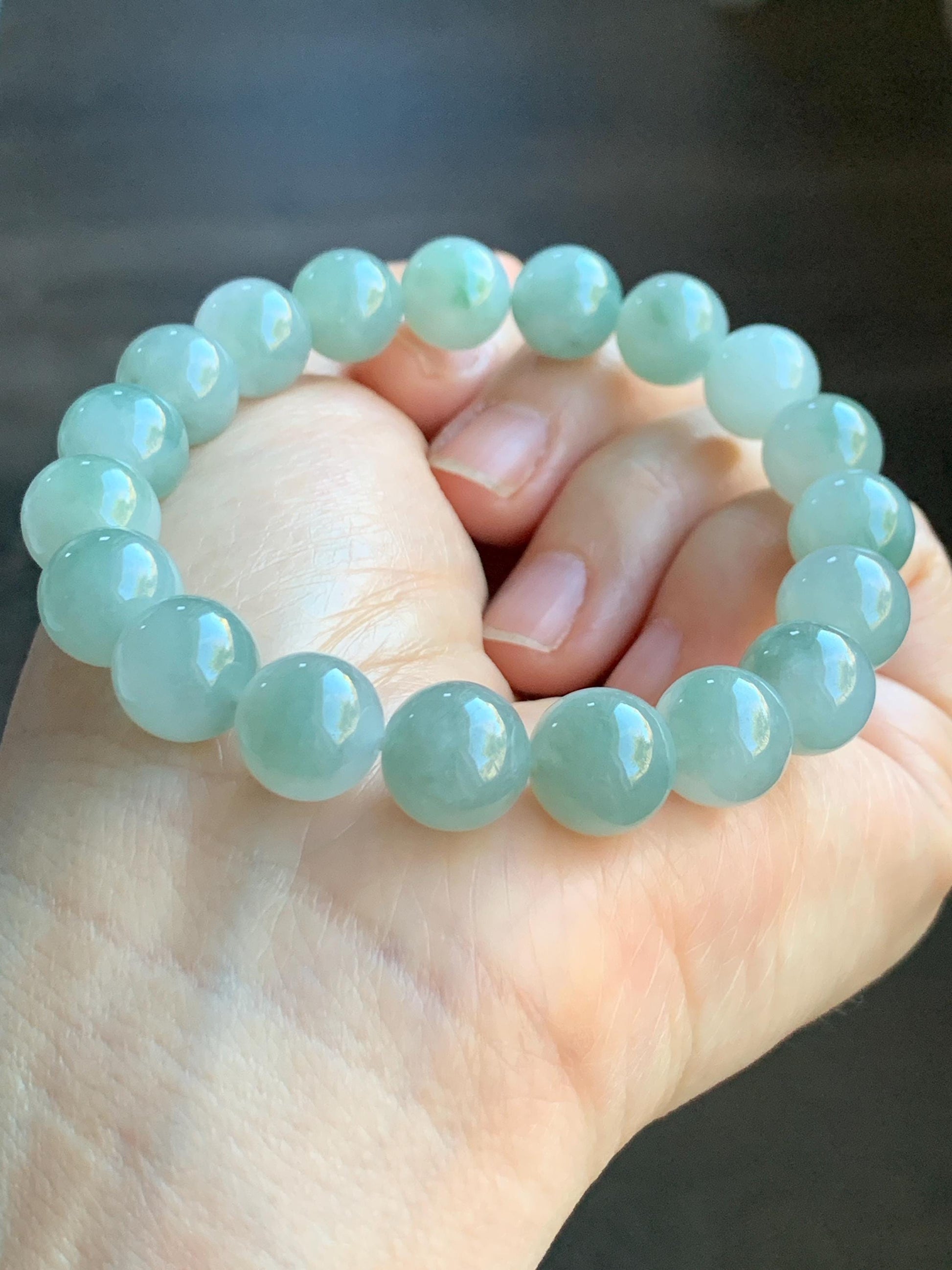 Certified Natural Grade A Icy Translucent Gelatinous Bicolored Jadeite Large Beads Beaded Bracelet 11mm 7.75” 41.7g 天然冰胶白加青鸳鸯翡翠大卡手串 1701