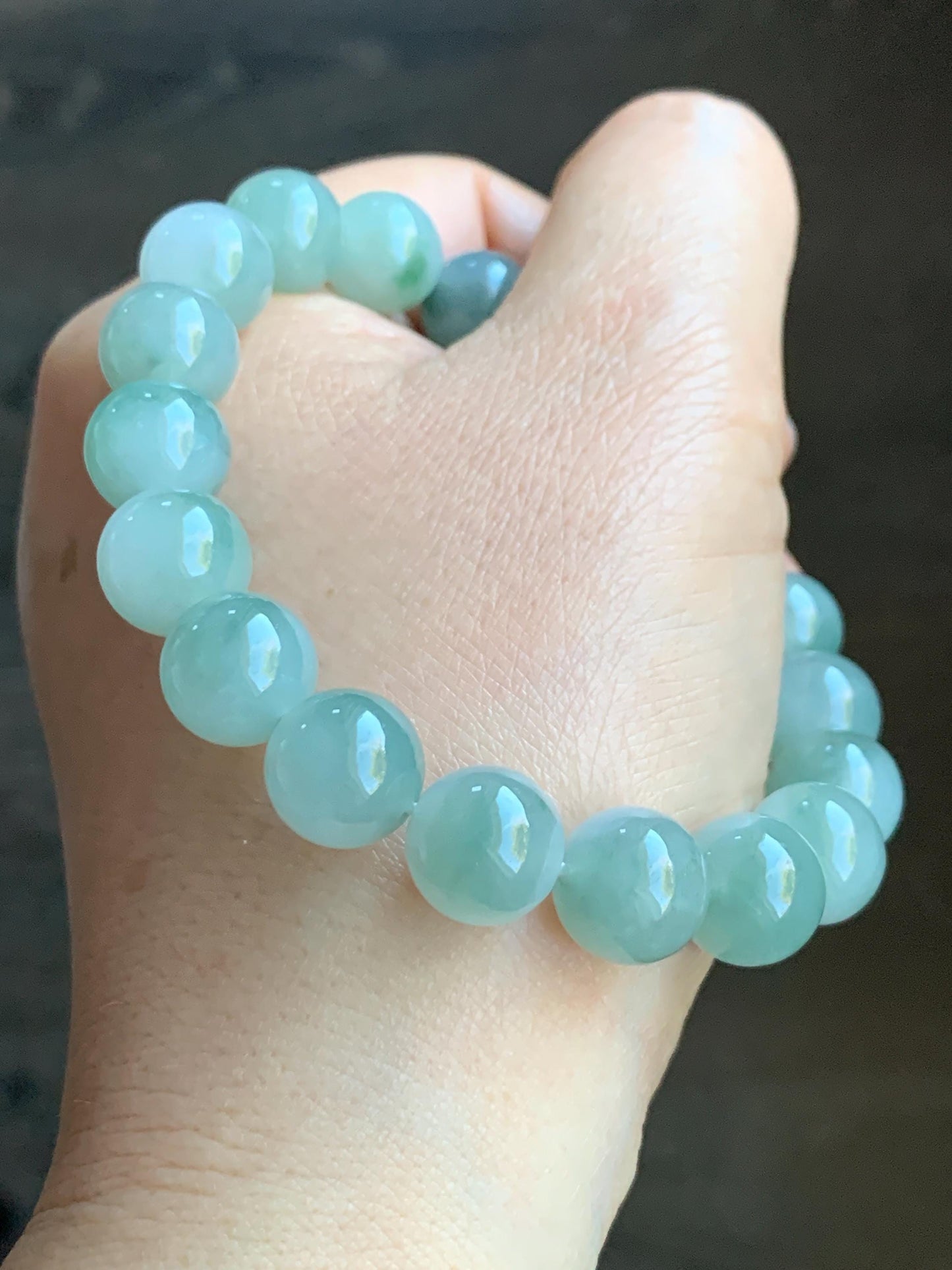 Certified Natural Grade A Icy Translucent Gelatinous Bicolored Jadeite Large Beads Beaded Bracelet 11mm 7.75” 41.7g 天然冰胶白加青鸳鸯翡翠大卡手串 1701