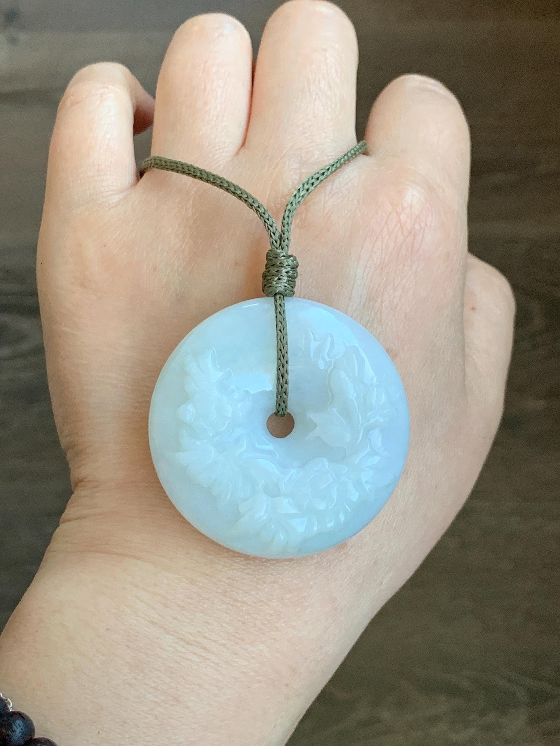 Natural Grade A Icy Translucent Pale Green Jadeite Carved Ping An Kou Donut Pendant Rope Necklace Adjustable 24" 44g 天然糯冰翡翠花开富贵双面雕平安扣吊坠