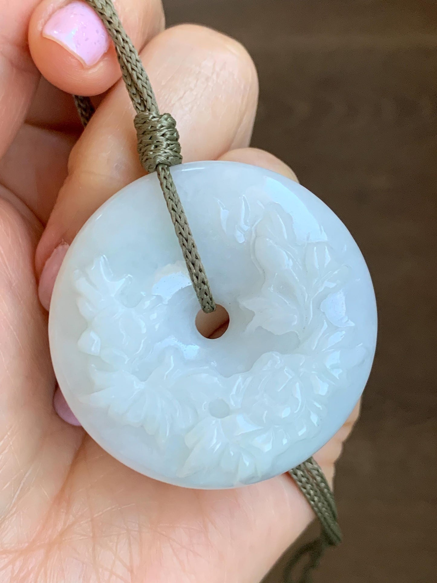 Natural Grade A Icy Translucent Pale Green Jadeite Carved Ping An Kou Donut Pendant Rope Necklace Adjustable 24" 44g 天然糯冰翡翠花开富贵双面雕平安扣吊坠