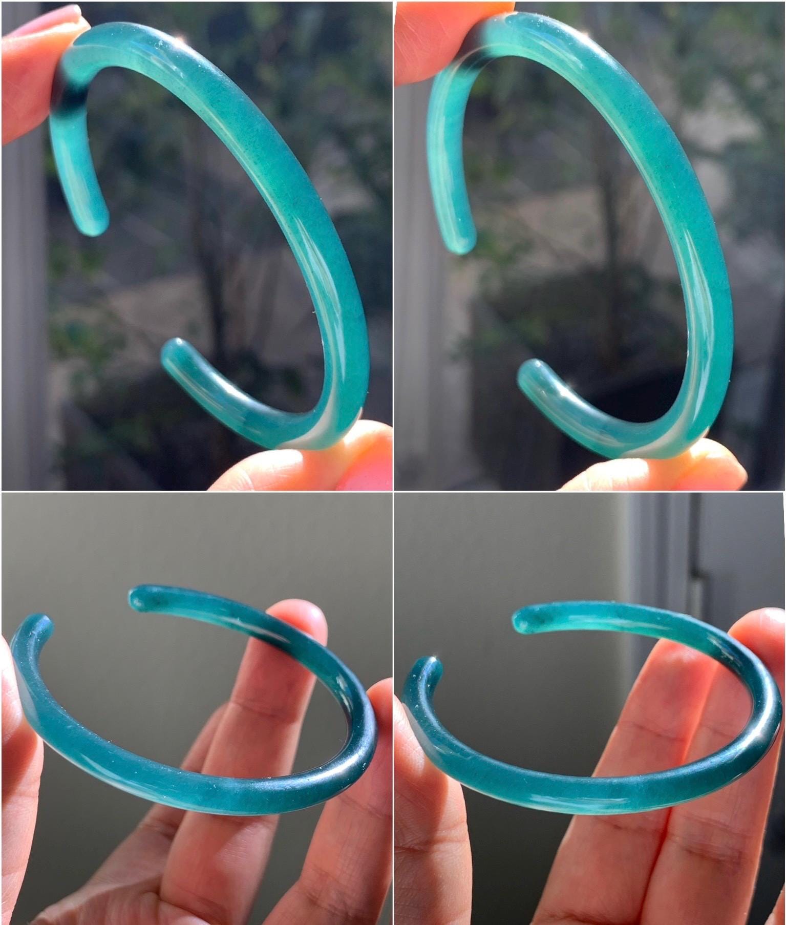 Natural Grade A Guatemalan Icy Translucent Gelatinous Dark Teal Green Jadeite Open Bangle Bracelet 54.1mm 6.65" 12g 天然老种冰胶危篮绿翡翠开口镯