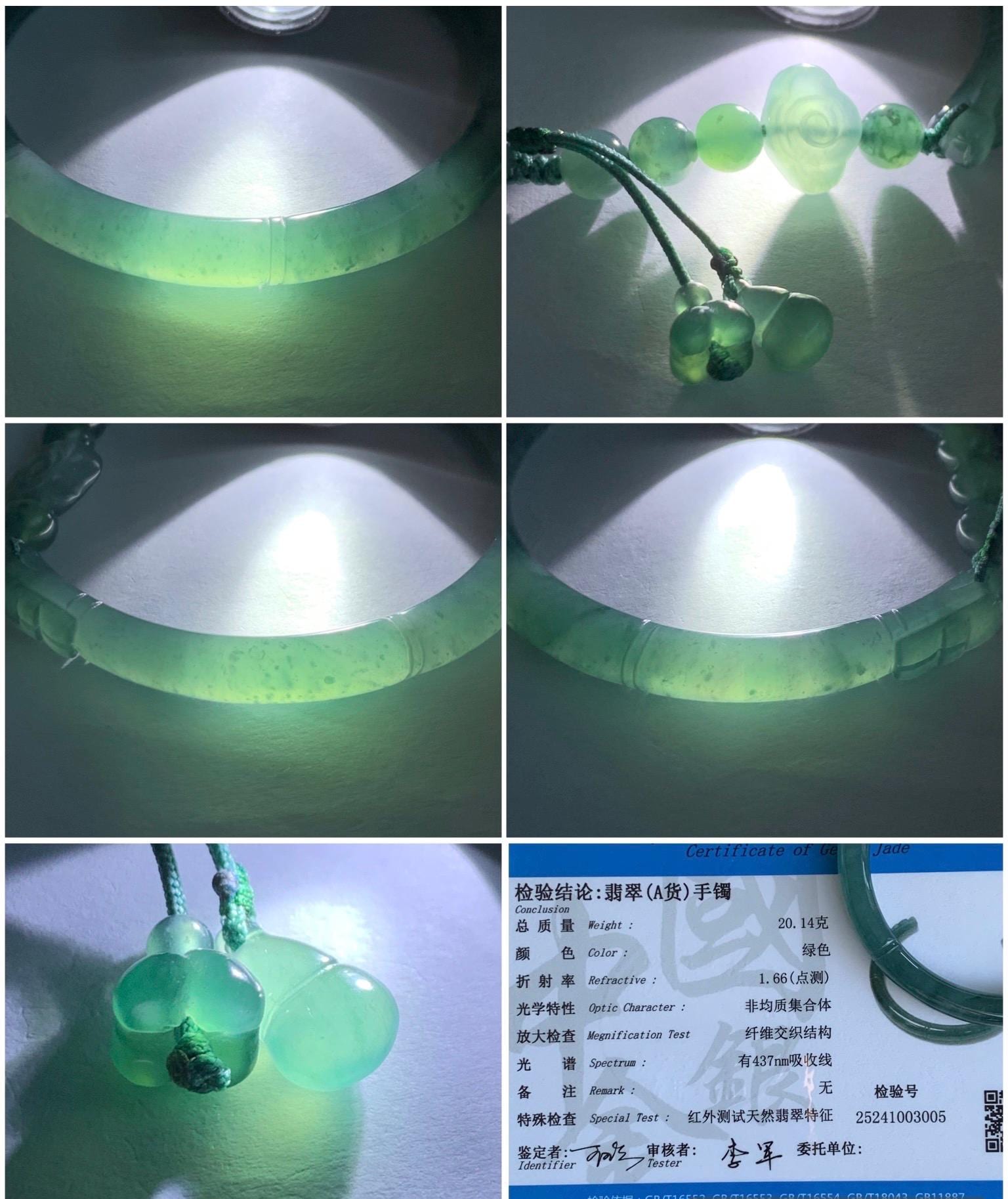 Certified Natural Guatemalan Icy Translucent Dark Teal Green Jadeite Open Bangle Bracelet w/ Gourd Charm 59.34mm 25g 天然老种冰胶危篮绿翡翠开口镯葫芦挂坠 3005