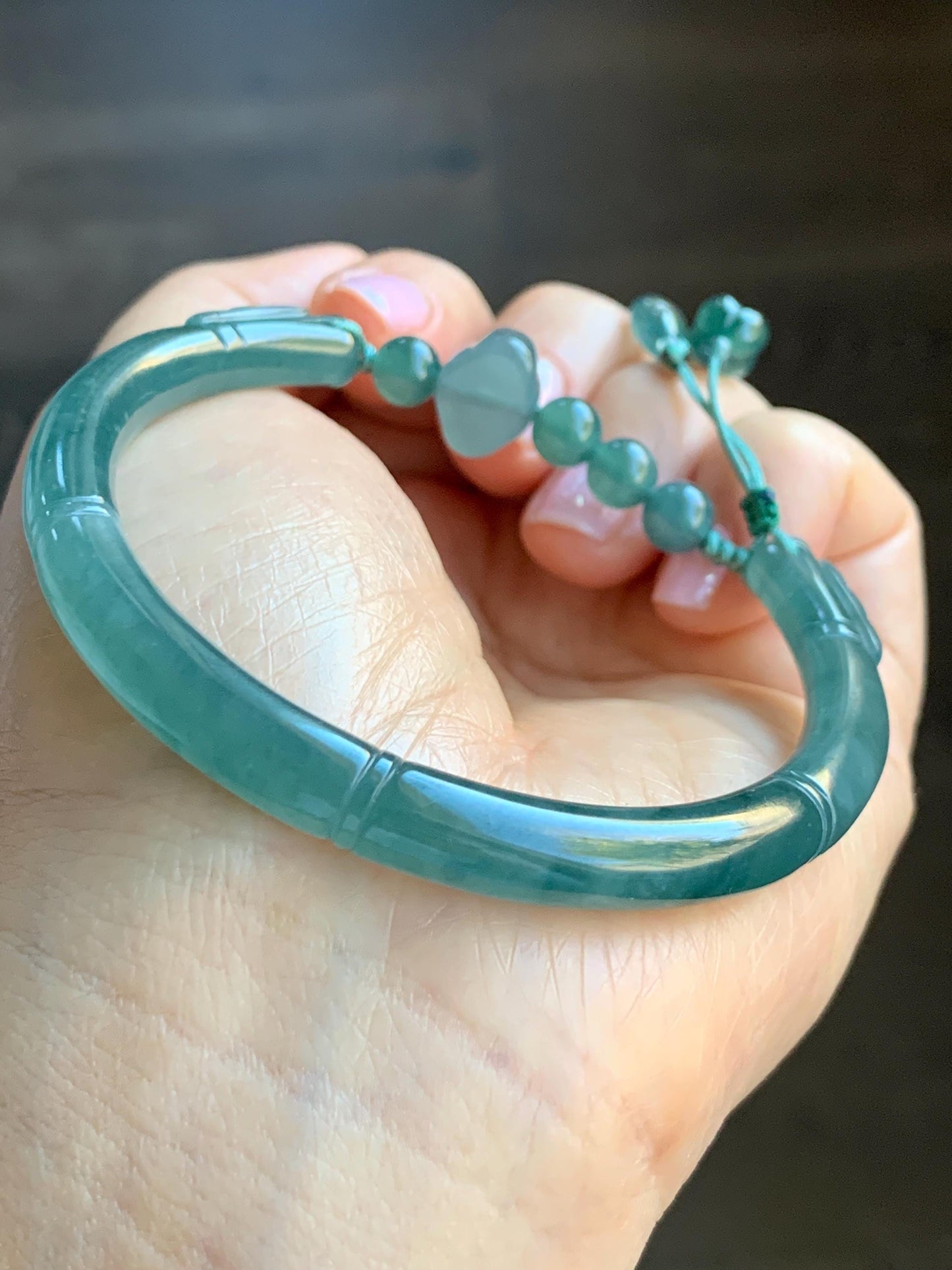 Certified Natural Guatemalan Icy Translucent Dark Teal Green Jadeite Open Bangle Bracelet w/ Gourd Charm 59.34mm 25g 天然老种冰胶危篮绿翡翠开口镯葫芦挂坠 3005