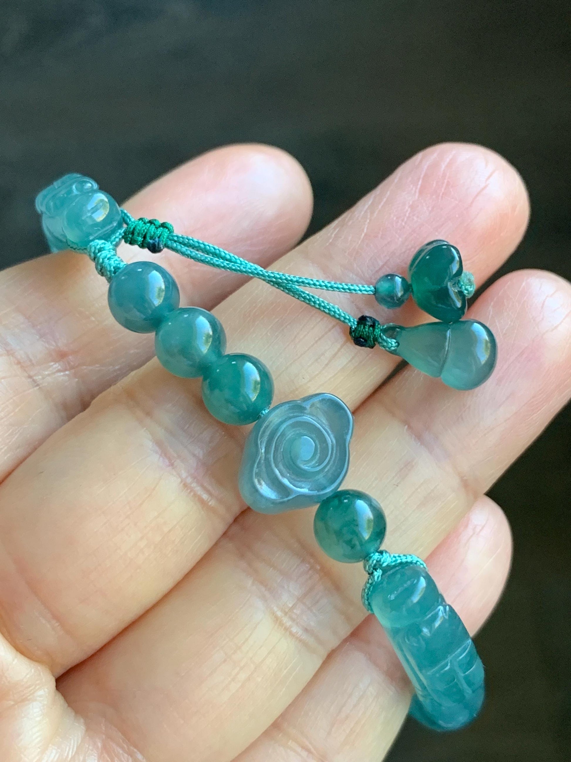 Certified Natural Guatemalan Icy Translucent Dark Teal Green Jadeite Open Bangle Bracelet w/ Gourd Charm 59.34mm 25g 天然老种冰胶危篮绿翡翠开口镯葫芦挂坠 3005