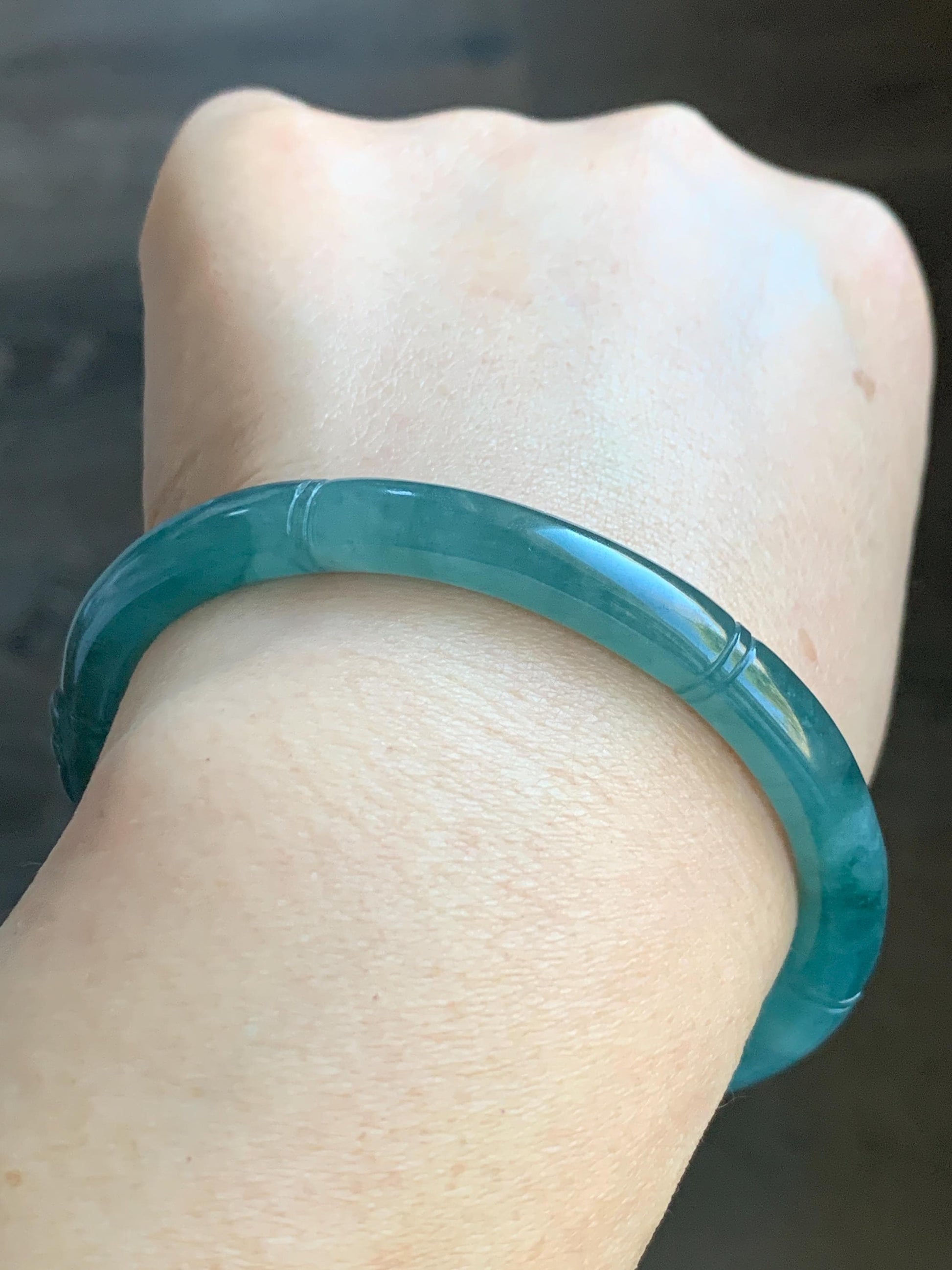 Certified Natural Guatemalan Icy Translucent Dark Teal Green Jadeite Open Bangle Bracelet w/ Gourd Charm 59.34mm 25g 天然老种冰胶危篮绿翡翠开口镯葫芦挂坠 3005