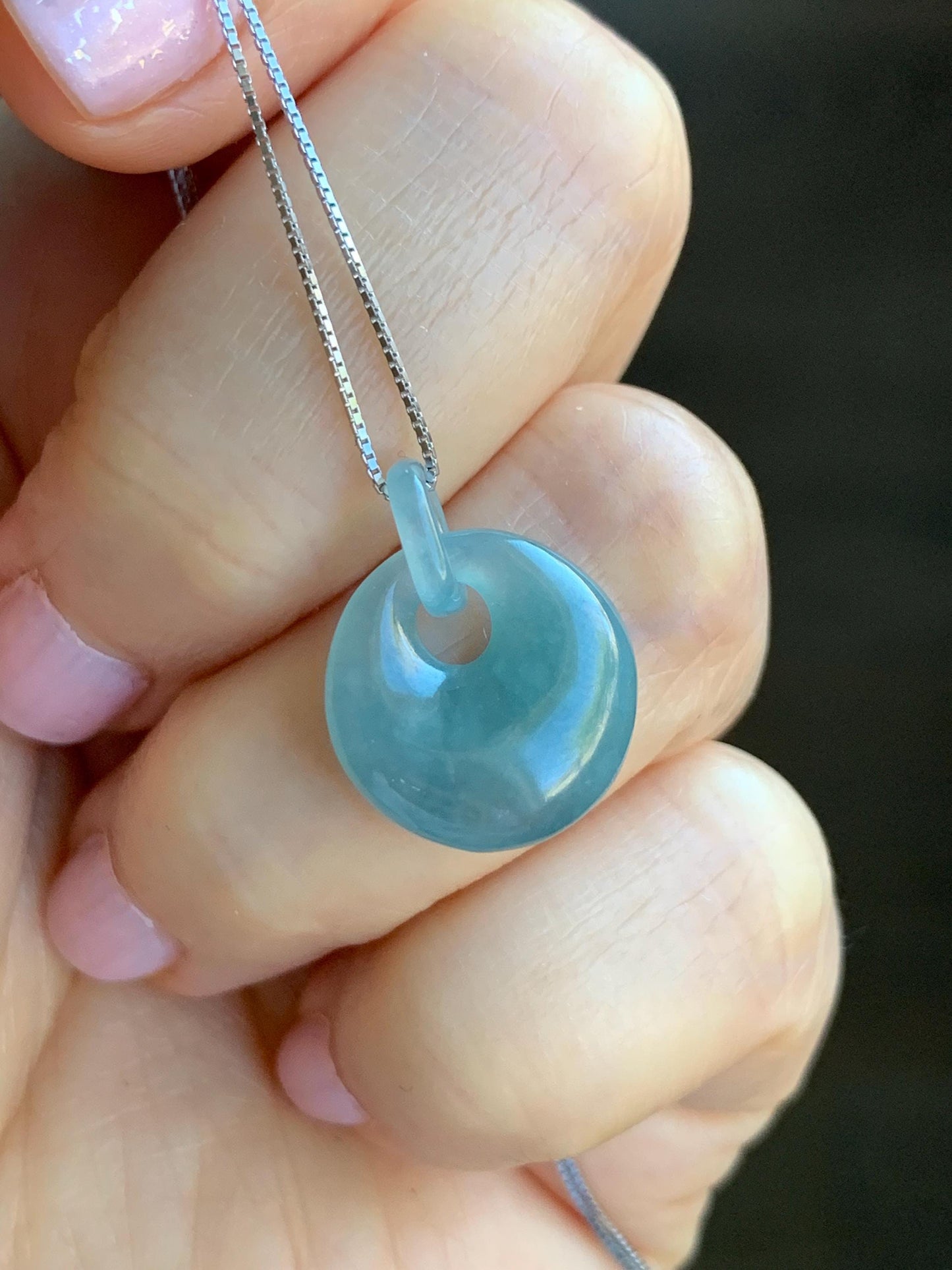 Natural Grade A Guatemalan Icy Translucent Dusty Blue Jadeite Donut w/ Interlocking Bail Pendant Necklace Sterling Silver 天然冰危蓝翡翠平扣环扣吊坠