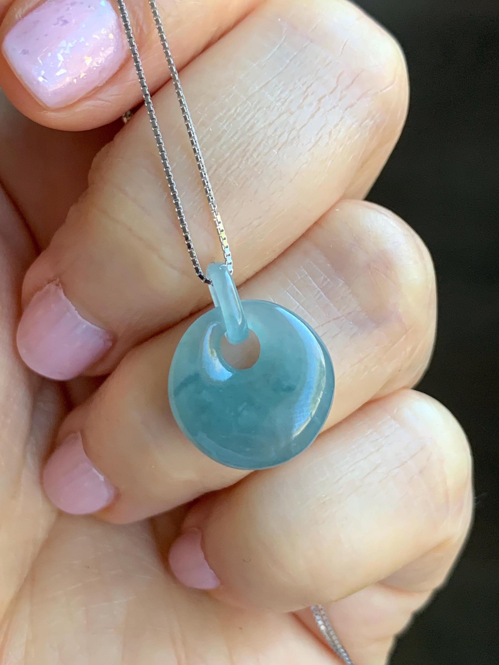 Natural Grade A Guatemalan Icy Translucent Dusty Blue Jadeite Donut w/ Interlocking Bail Pendant Necklace Sterling Silver 天然冰危蓝翡翠平扣环扣吊坠