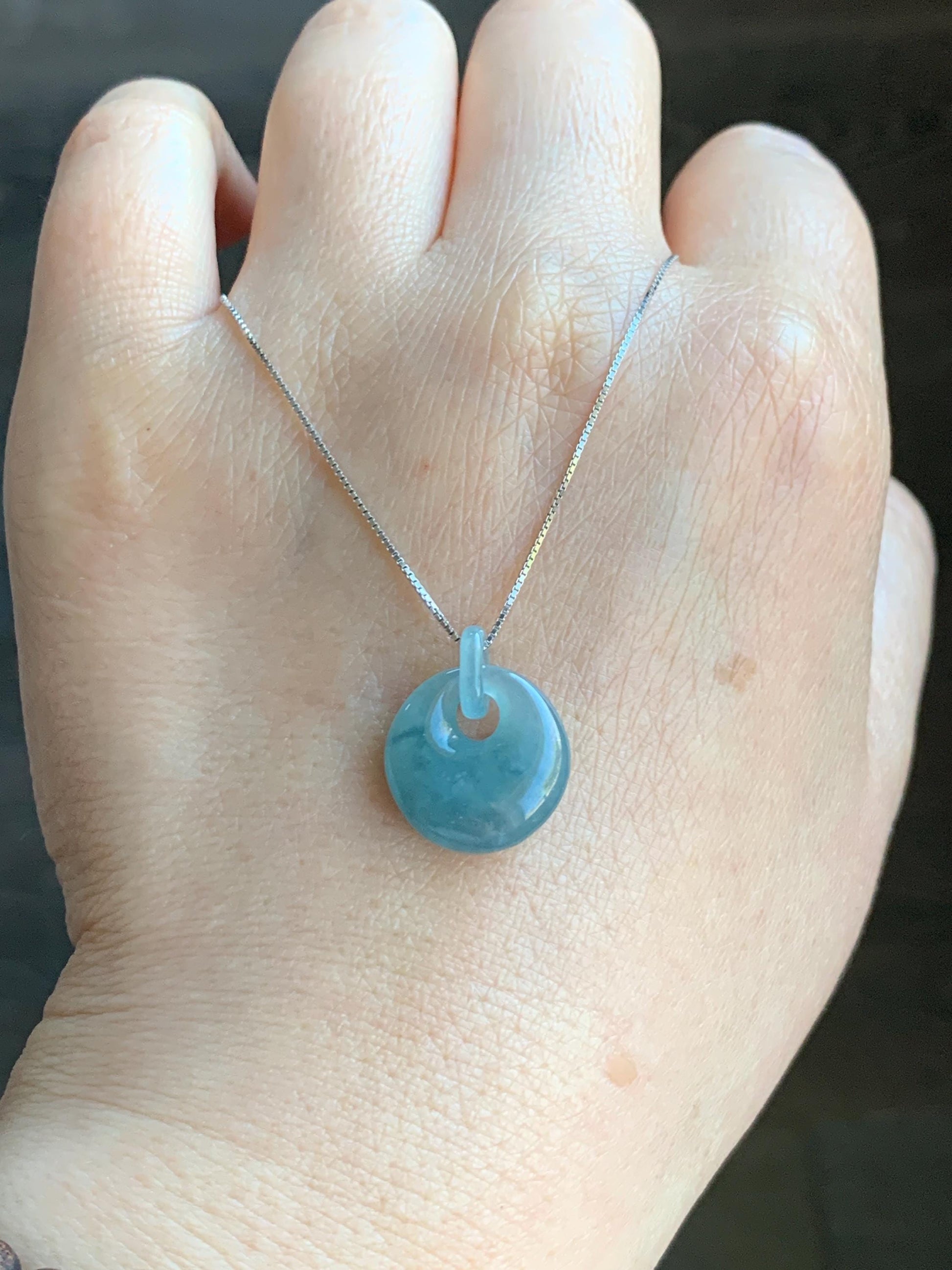 Natural Grade A Guatemalan Icy Translucent Dusty Blue Jadeite Donut w/ Interlocking Bail Pendant Necklace Sterling Silver 天然冰危蓝翡翠平扣环扣吊坠