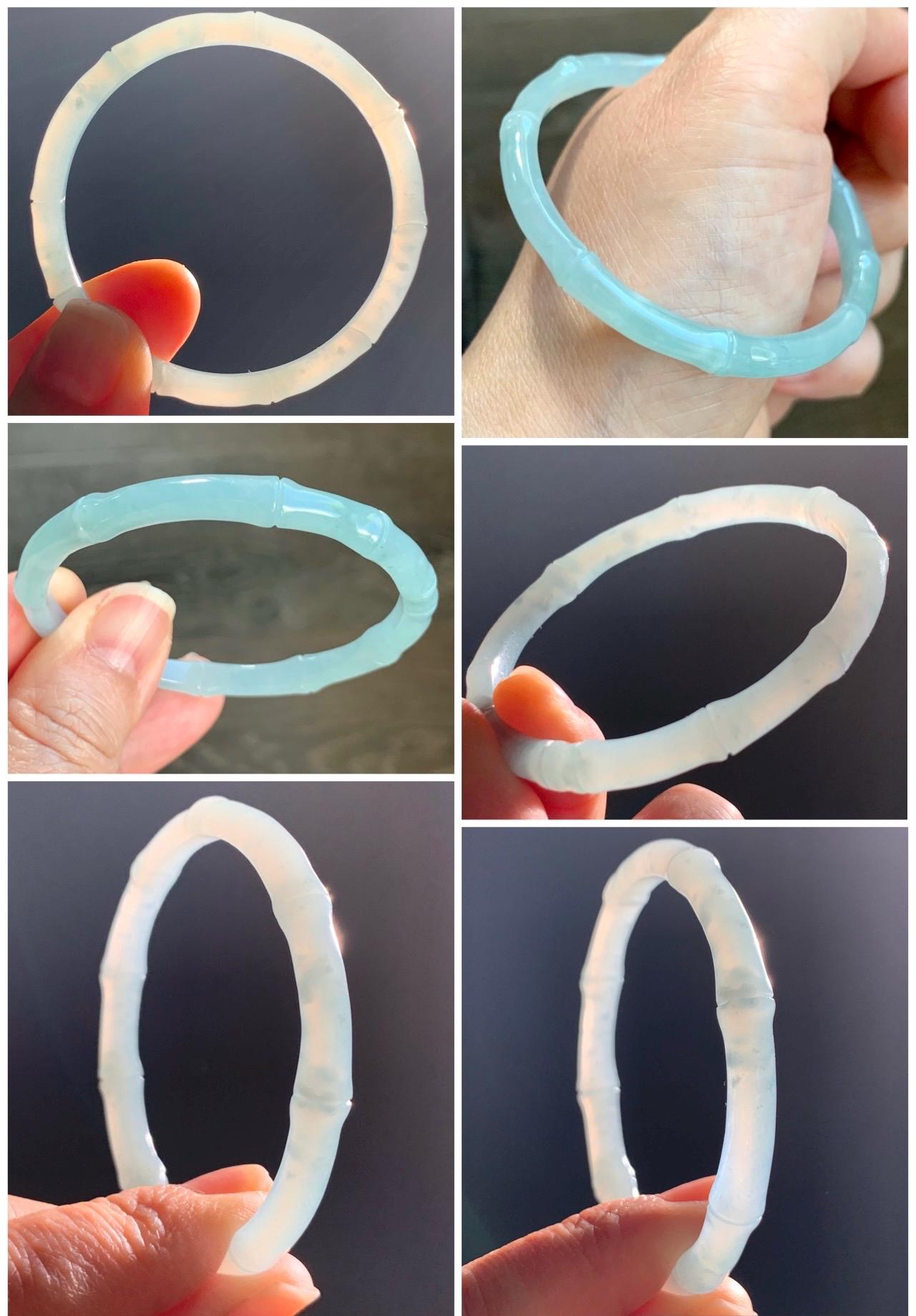 Certified Natural Guatemalan Icy Translucent Gelatinous Pastel Teal Blue Jadeite Carved Bamboo Bangle 50.98mm 12.7g 天然冰胶危淡蓝底翡翠竹节手镯 1147